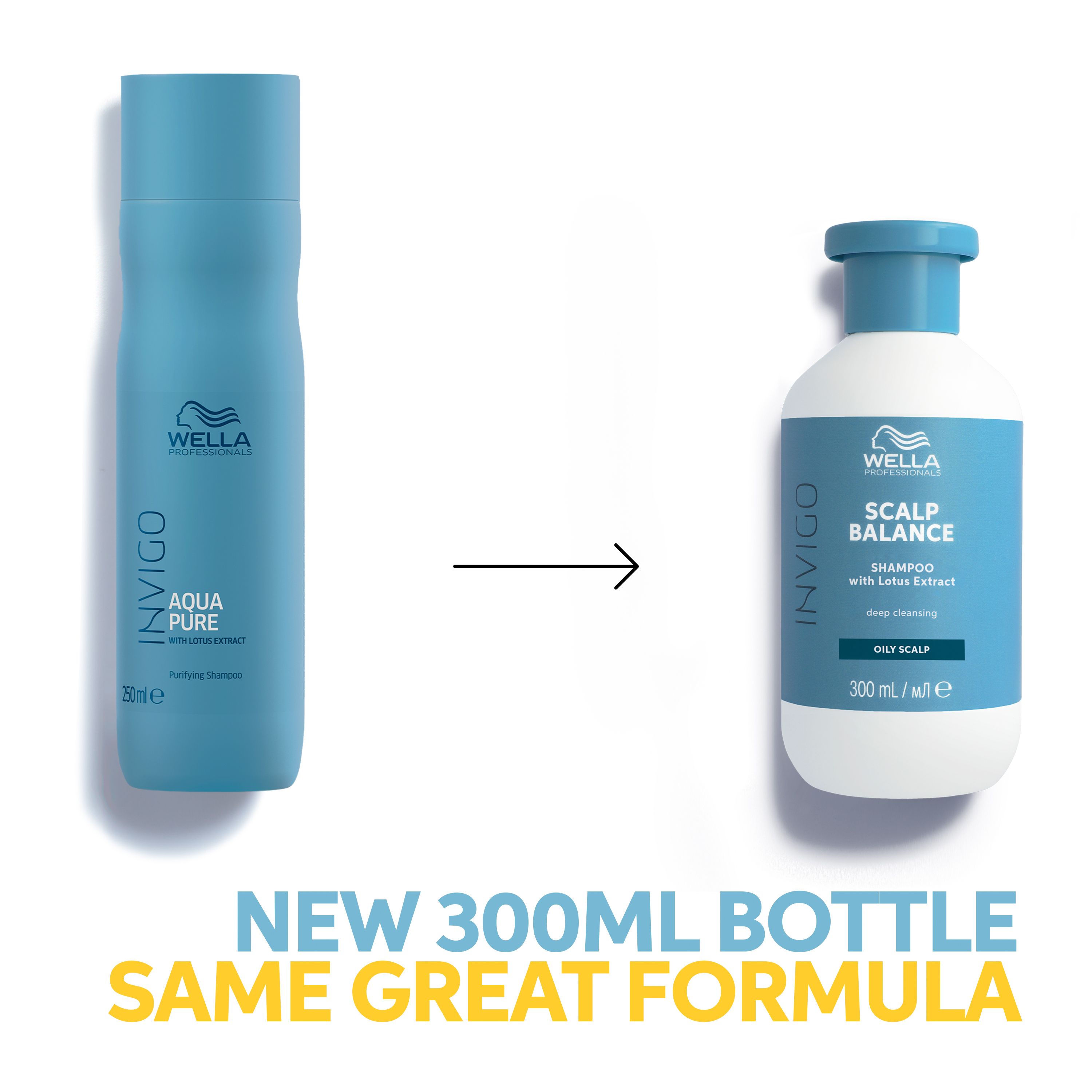 Comparaison de deux flacons. Gauche : Aqua Pure. Droite : Shampooing INVIGO SCALP BALANCE, 300 ml. Même formule.