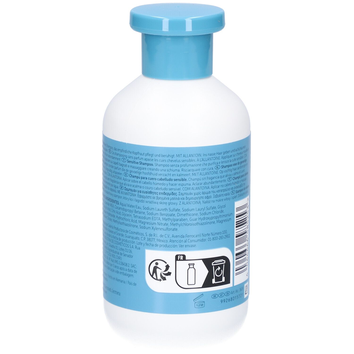 Dos du flacon blanc, bouchon bleu. Texte et symbole de recyclage.