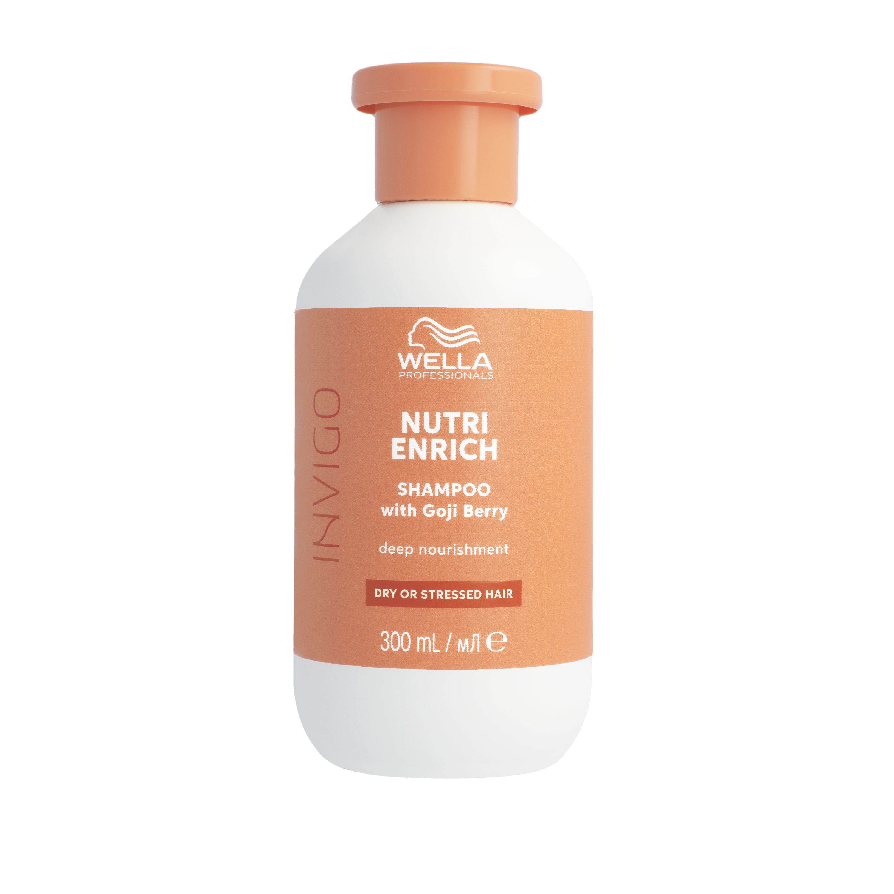 Flacon blanc, bouchon orange. Inscription : Invigo, Nutri Enrich Shampoo with Goji Berry. Pour cheveux secs ou fragilisés.