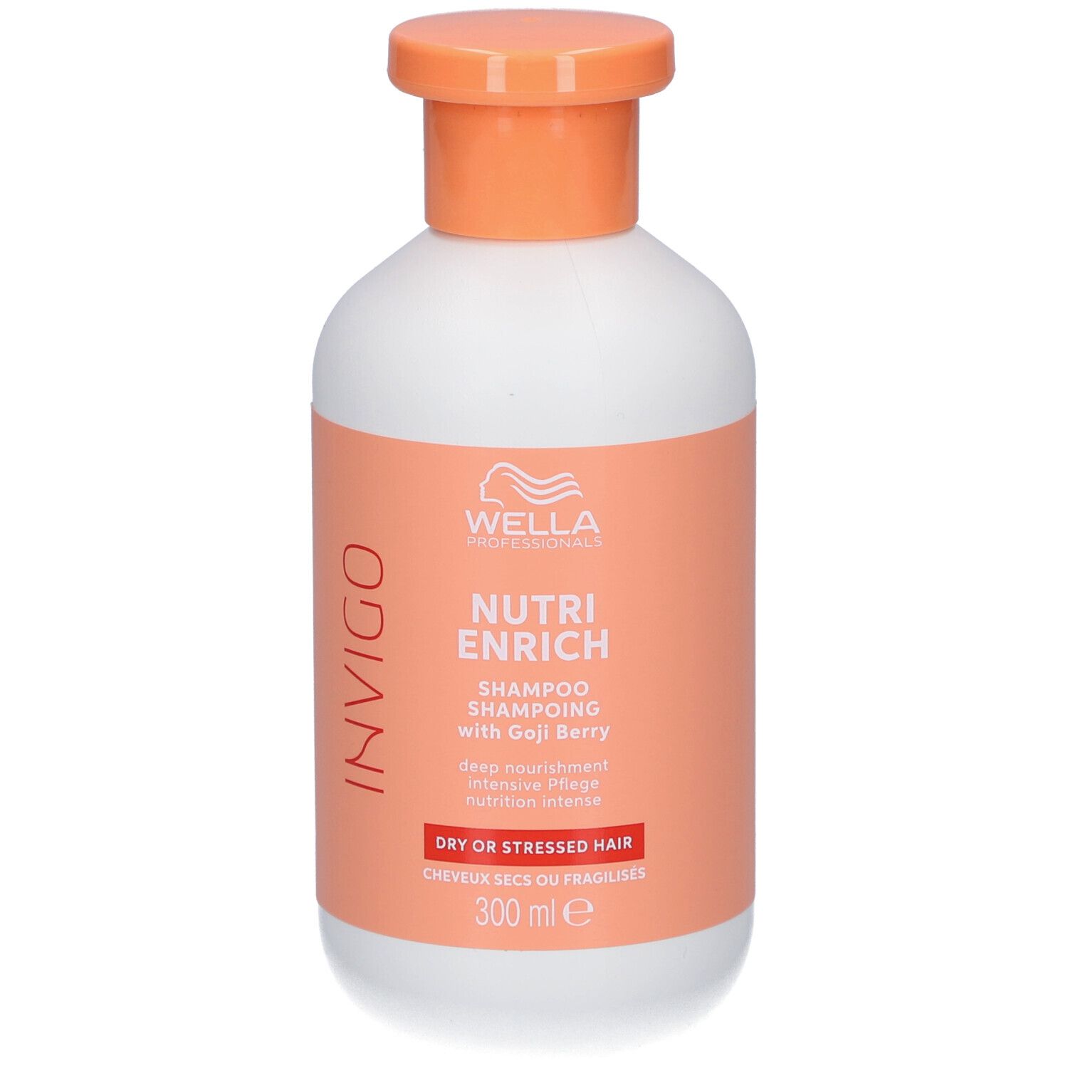Flacon blanc, bouchon orange. Inscription : Invigo, Nutri Enrich Shampoo with Goji Berry. Pour cheveux secs ou fragilisés.