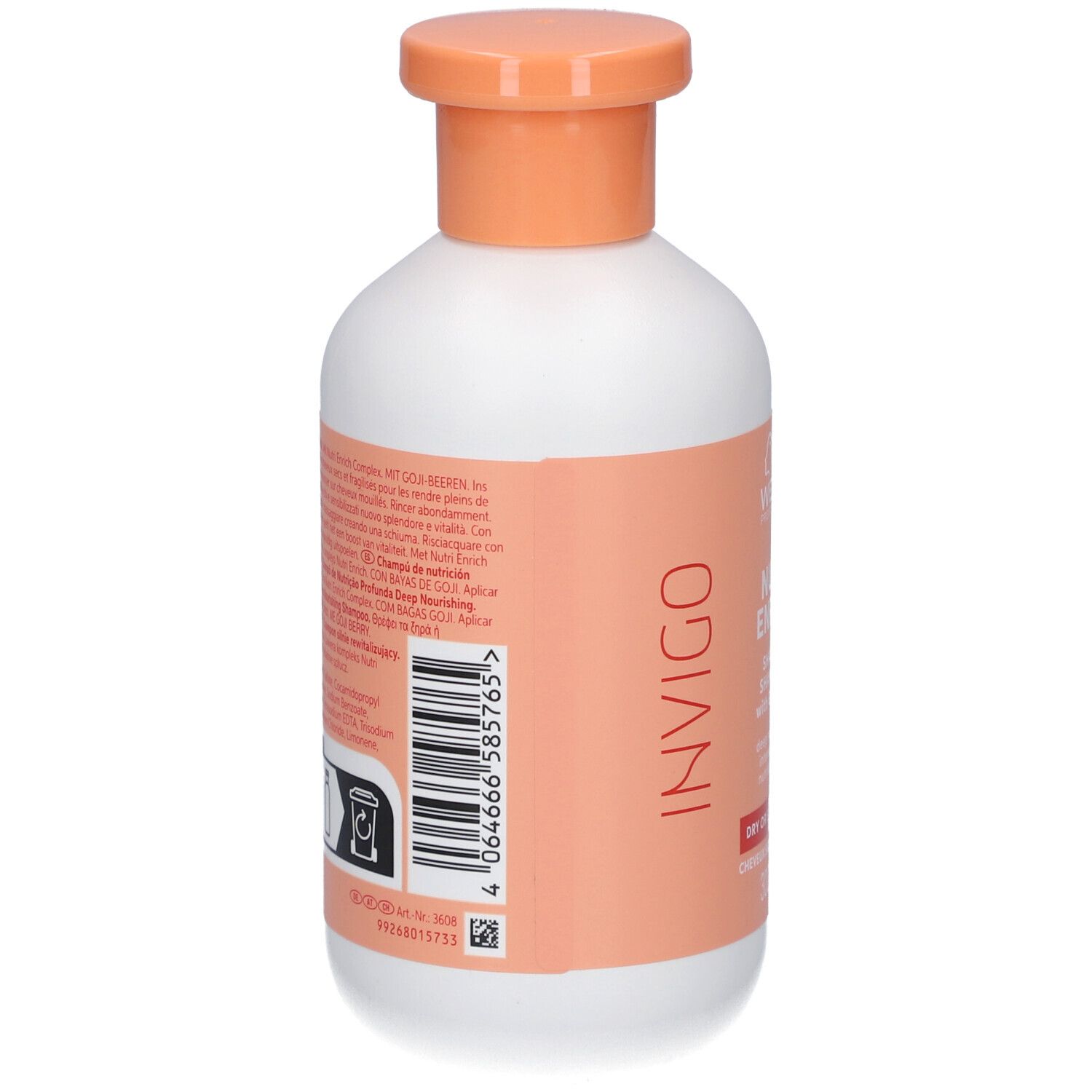 Dos du flacon blanc, bouchon orange. Code-barres et texte. Inscription : Invigo.