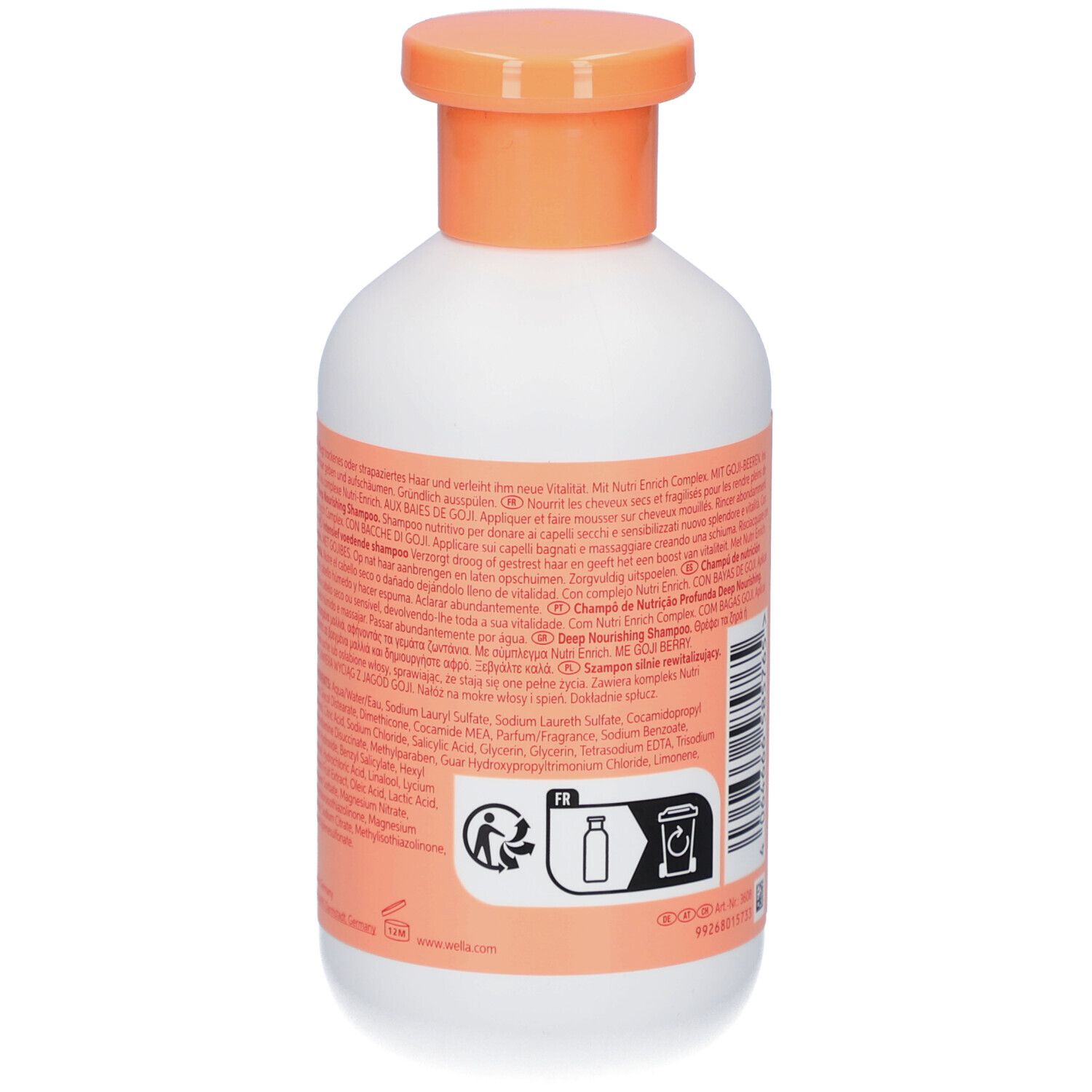 Dos du flacon blanc, bouchon orange. Texte et symbole de recyclage. Inscription : Invigo.