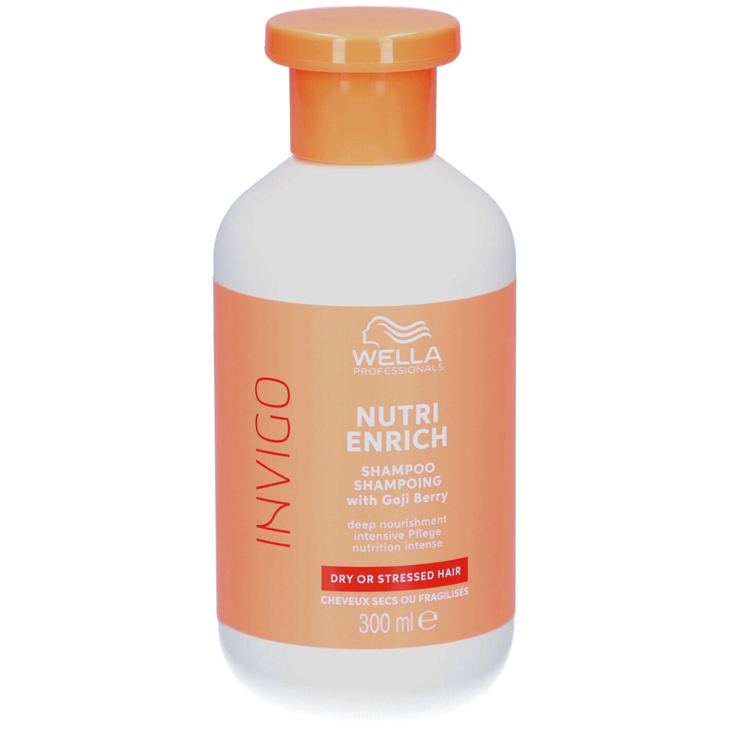 Flacon blanc, bouchon orange. Inscription : Invigo, Nutri Enrich Shampoo with Goji Berry. Pour cheveux secs ou fragilisés.