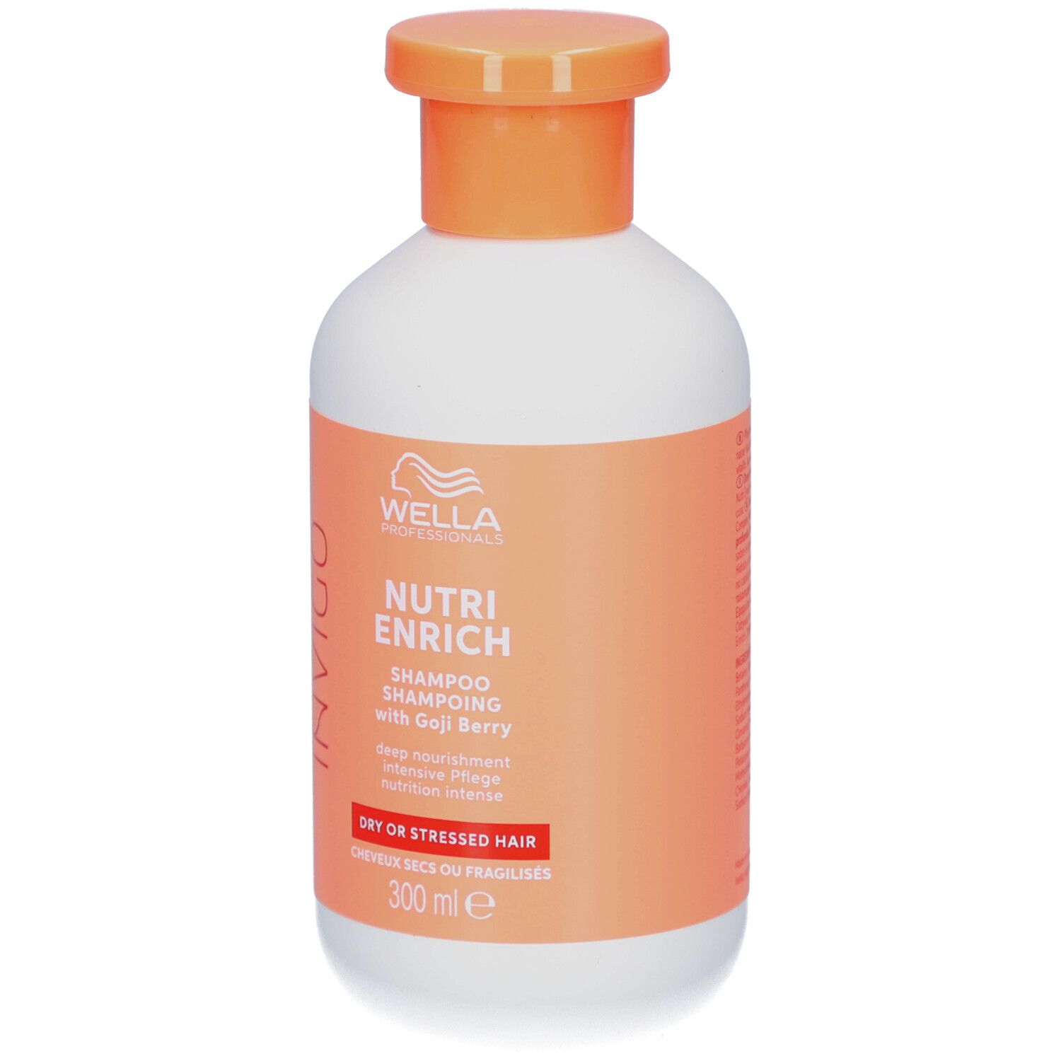 Flacon blanc, bouchon orange. Inscription : Invigo, Nutri Enrich Shampoo with Goji Berry. Pour cheveux secs ou fragilisés.