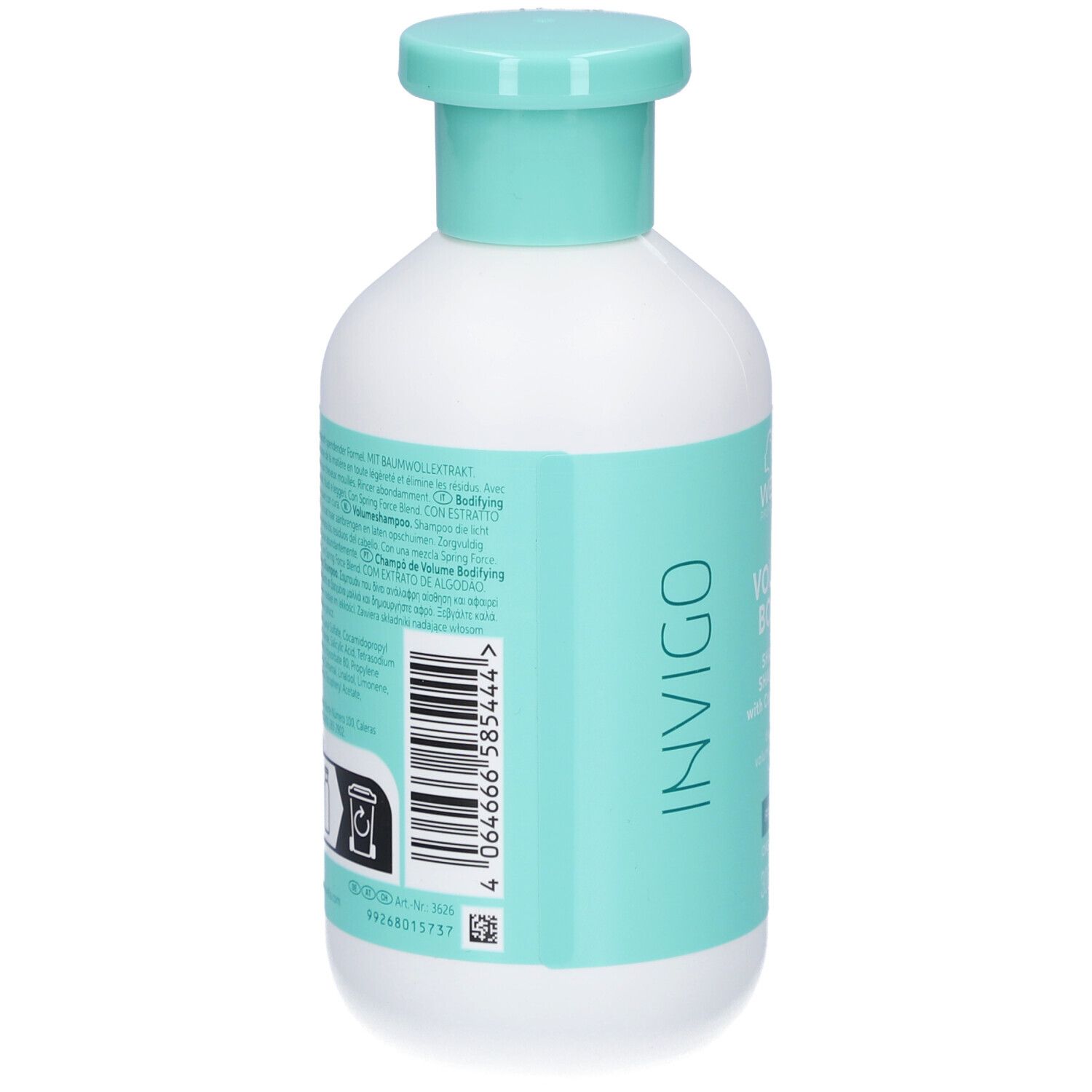 Dos d'un flacon blanc avec étiquette turquoise. Inscription : Invigo, Volume Boost, Shampooing. Texte en plusieurs langues.
