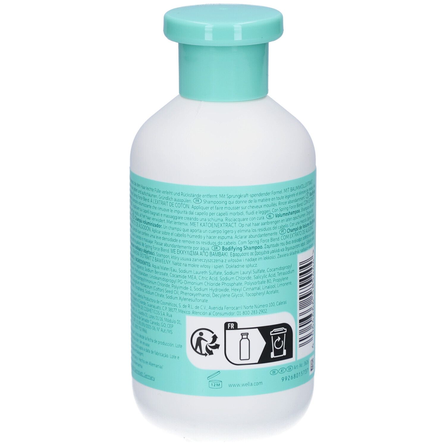 Dos d'un flacon blanc avec étiquette turquoise. Texte multilingue. Symbole de recyclage.