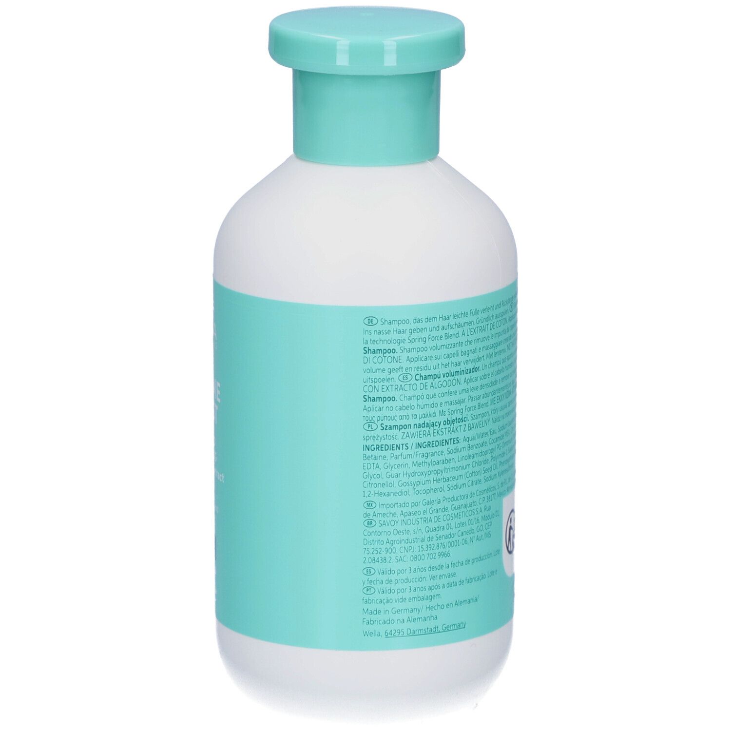 Dos d'un flacon blanc avec étiquette turquoise. Texte multilingue. Ingrédients.