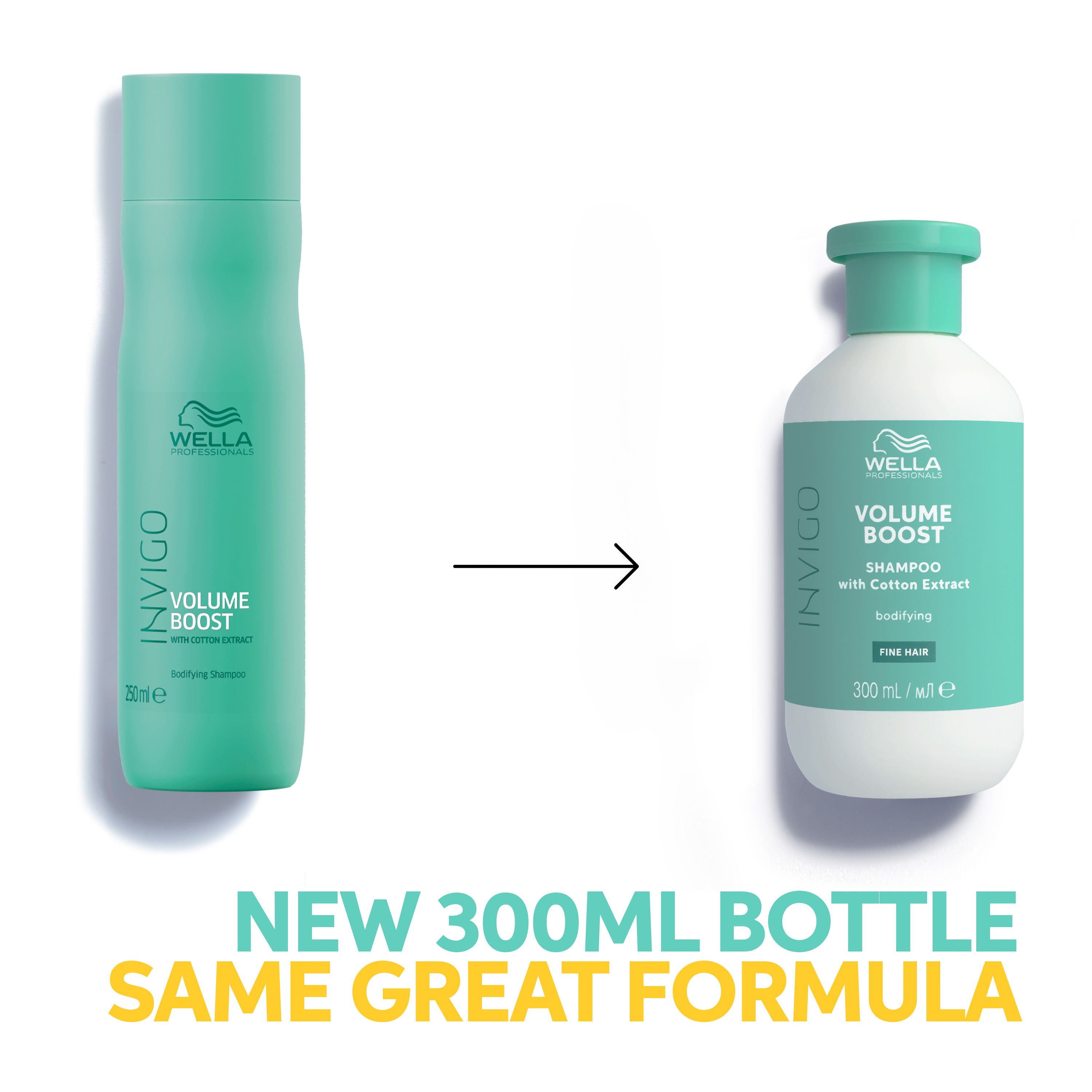 Comparaison de deux flacons de shampooing. Gauche : ancien flacon. Droite : nouveau flacon. Texte : Nouveau flacon 300ml, même formule.