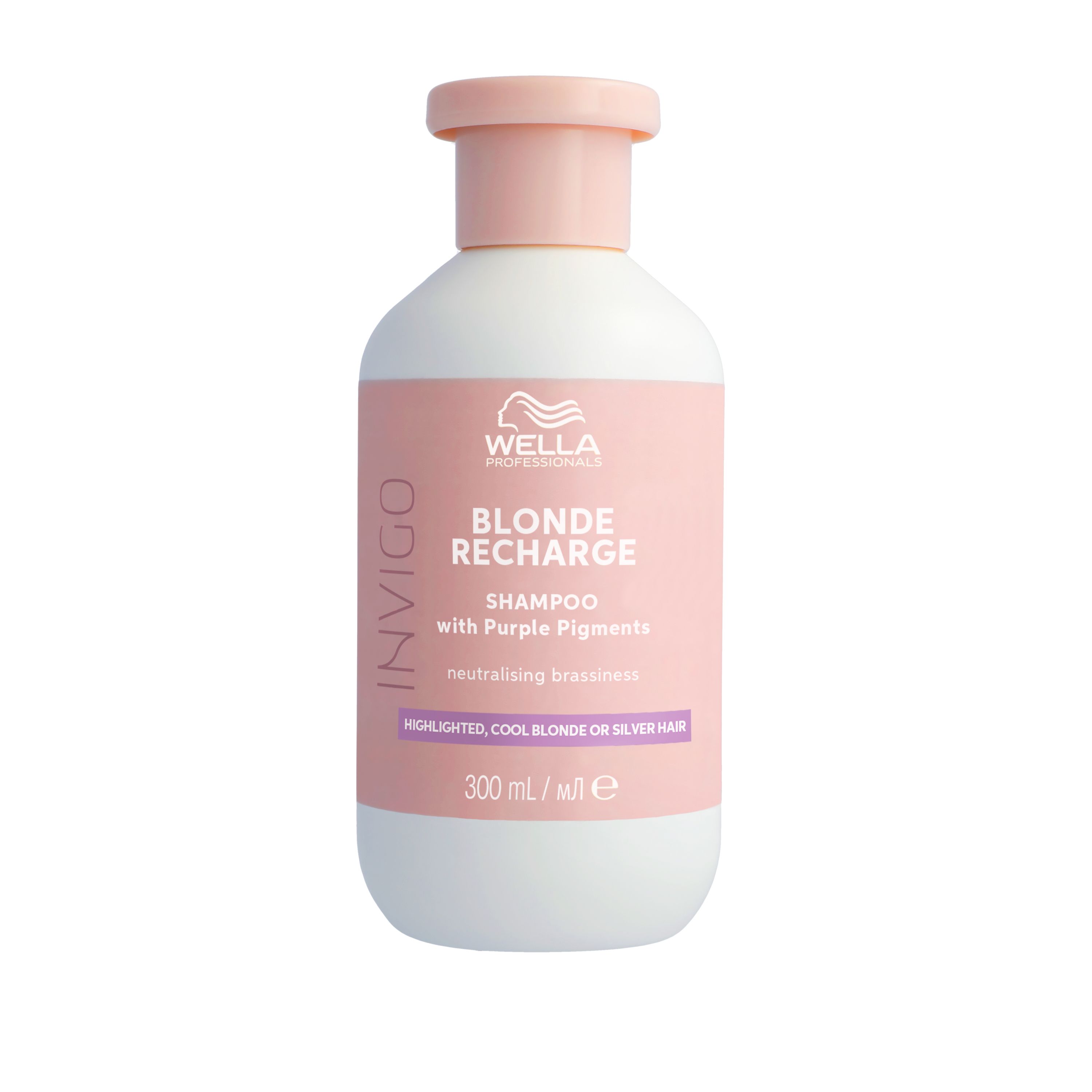 Flacon blanc, bouchon rose. Inscription: Wella Invigo Blonde Recharge Shampoo. 300 ml.