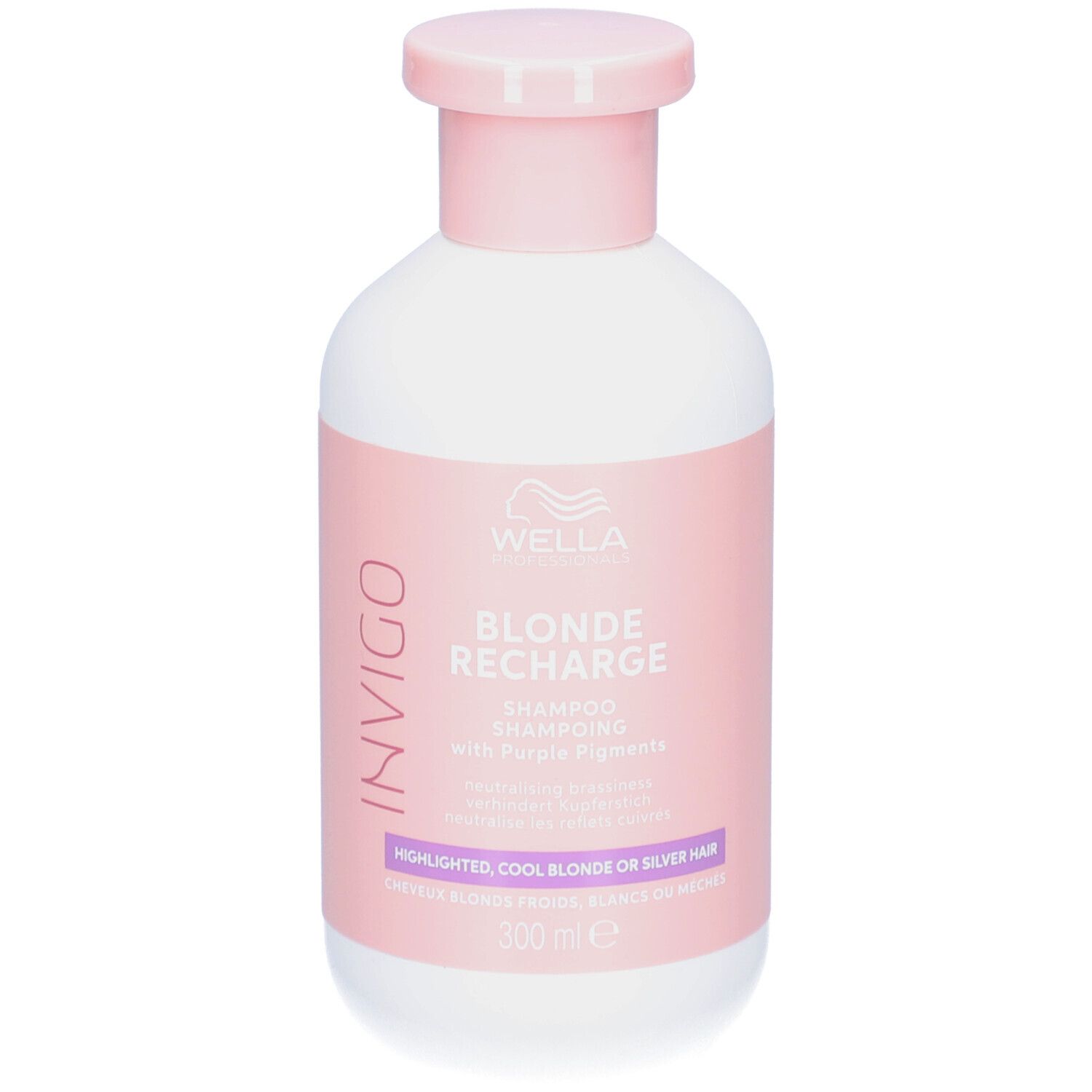 Flacon blanc, bouchon rose. Inscription: Wella Invigo Blonde Recharge Shampoo. 300 ml.