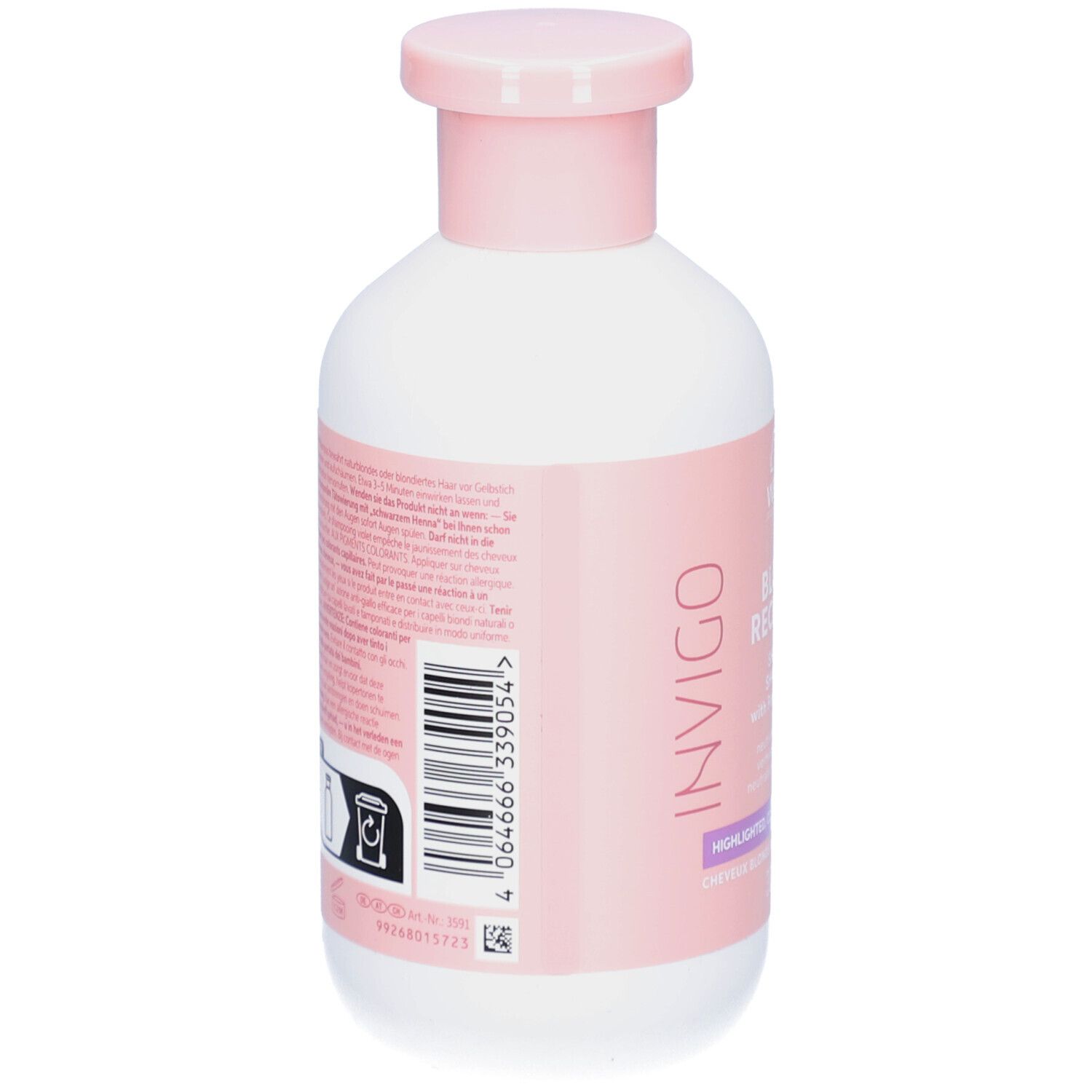 Dos du flacon blanc, bouchon rose. Code-barres et texte. Wella Invigo Blonde Recharge Shampoo.