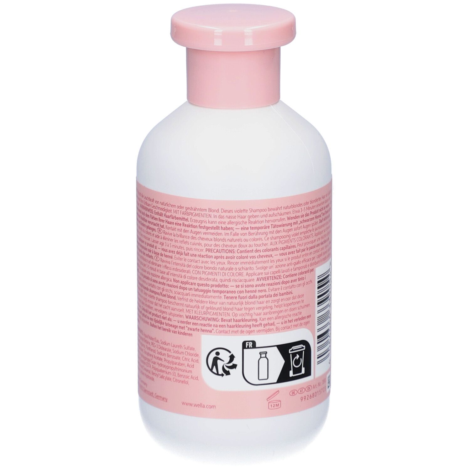 Dos du flacon blanc, bouchon rose. Texte. Wella Invigo Blonde Recharge Shampoo.