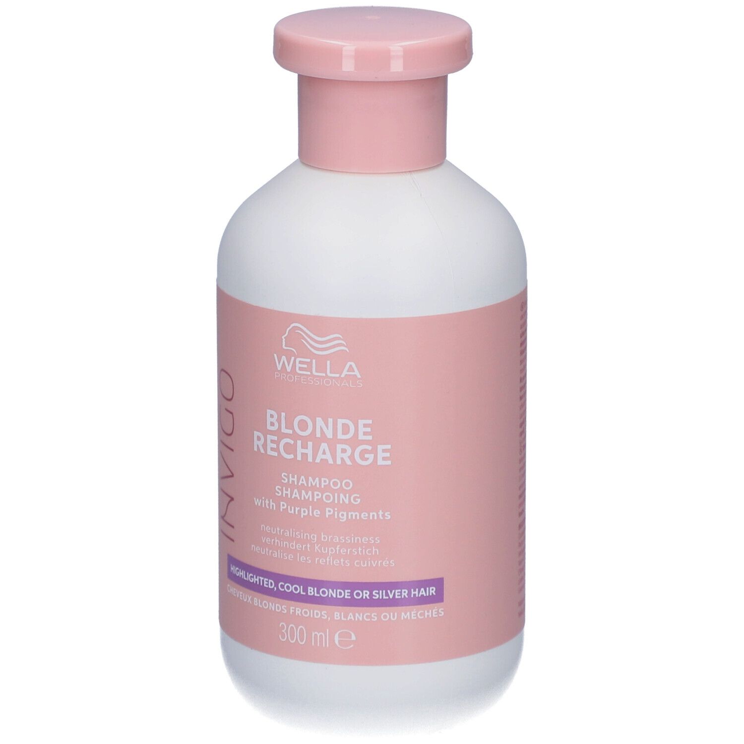 Flacon blanc, bouchon rose. Inscription: Wella Invigo Blonde Recharge Shampoo. 300 ml.
