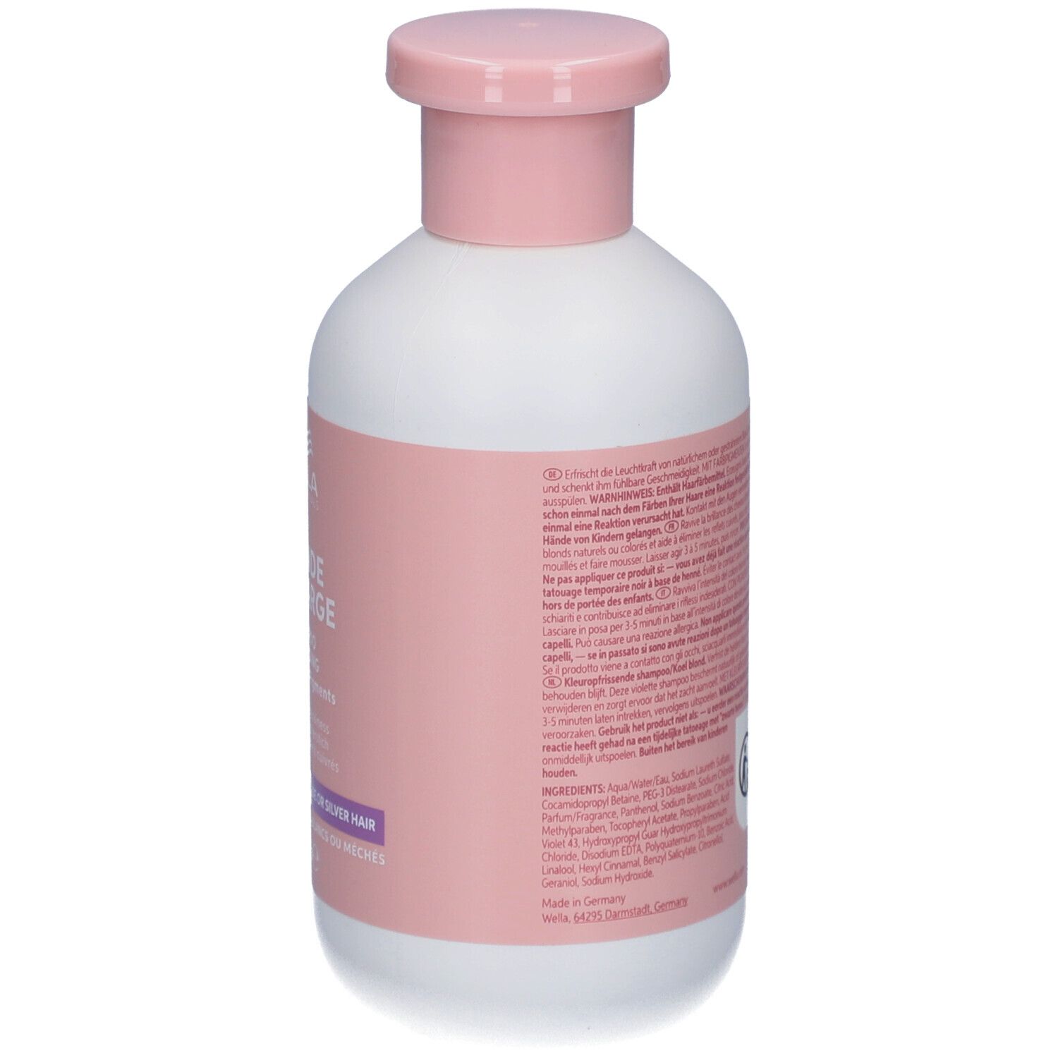 Dos du flacon blanc, bouchon rose. Texte. Wella Invigo Blonde Recharge Shampoo.