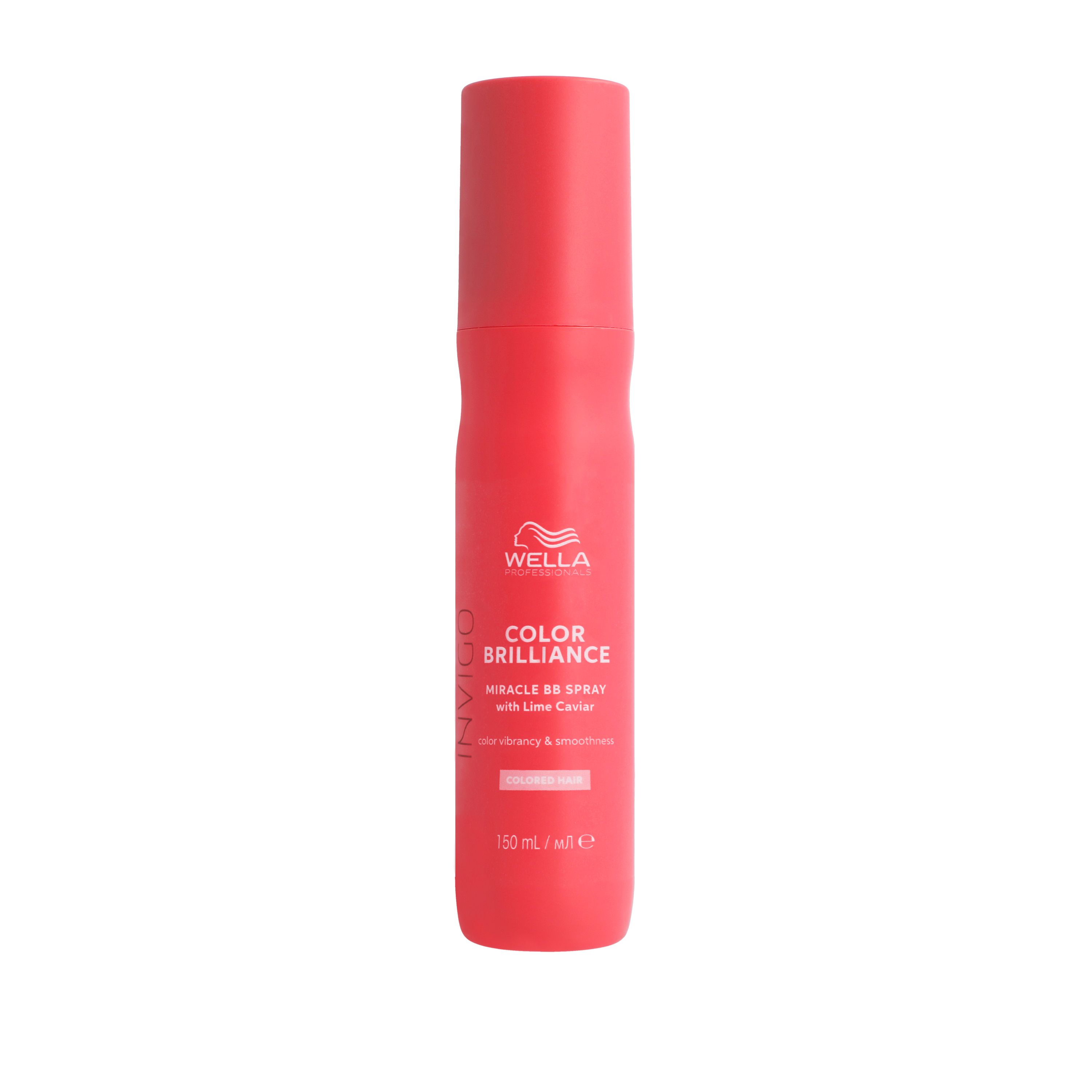 Flacon spray rouge Wella Invigo Color Brilliance. Texte et logo visibles. Avec bouchon. 150 ml.