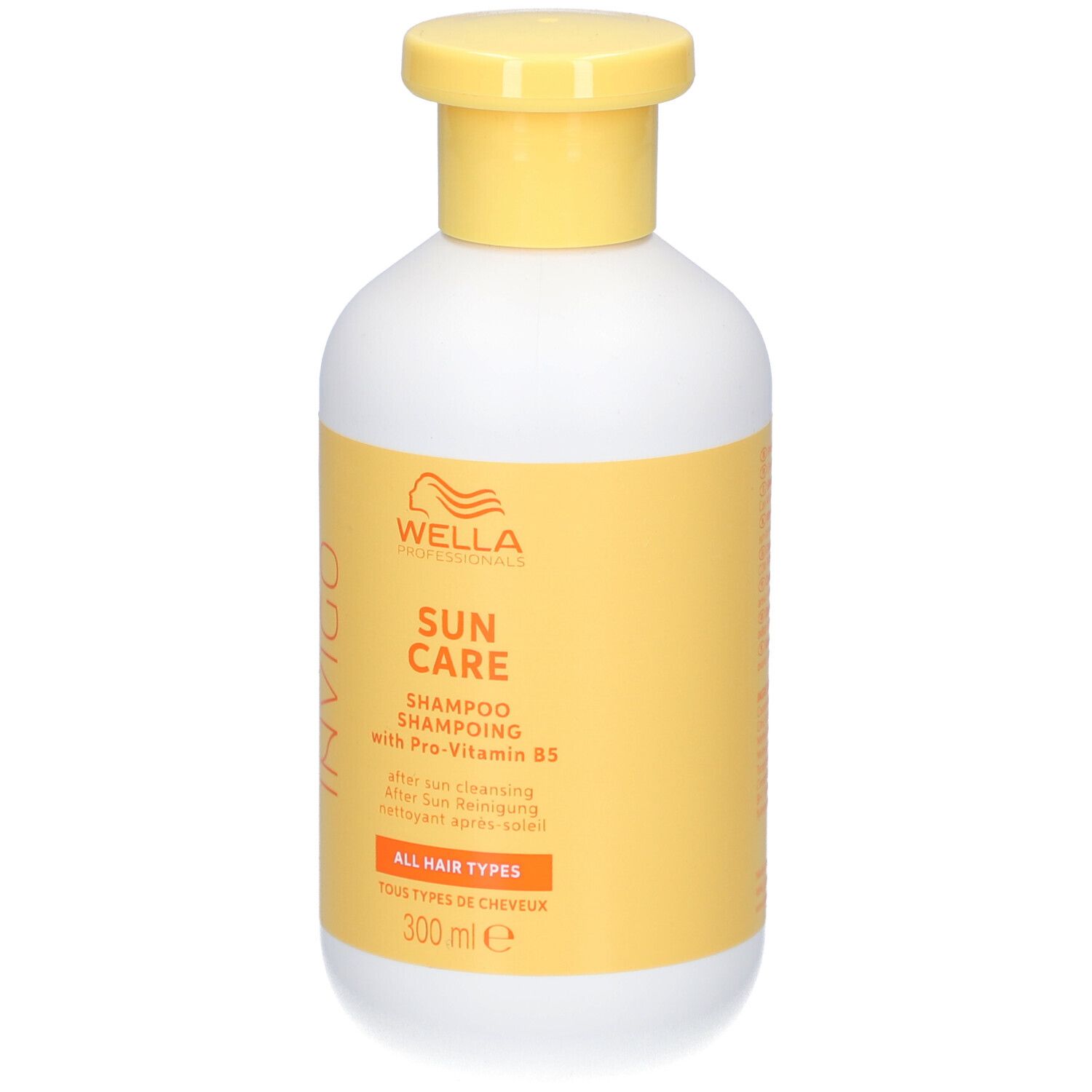 Flacon blanc avec bouchon jaune. Étiquette avec informations et logo. Texte: SUN CARE, Shampooing.