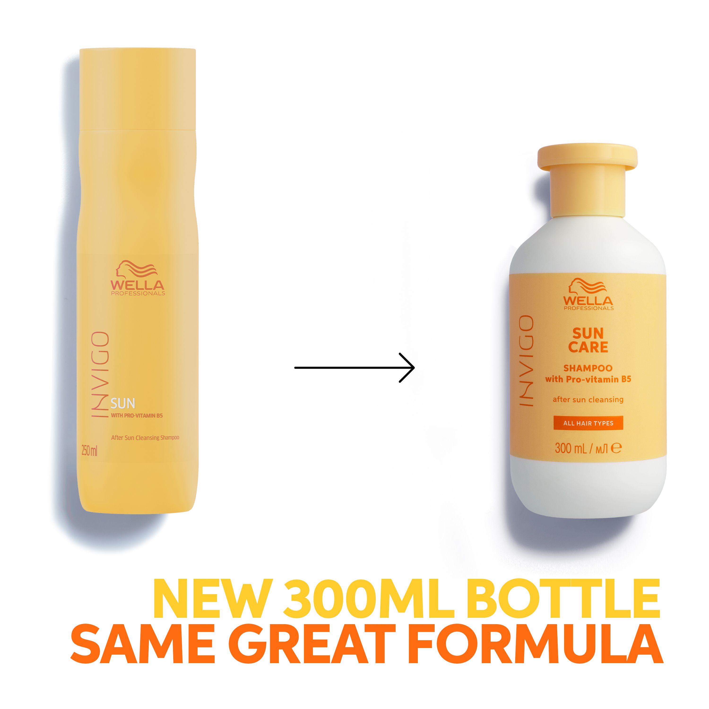 Comparaison de deux flacons. Gauche: spray. Droite: shampooing. Texte: Nouveau flacon 300ml, même formule.
