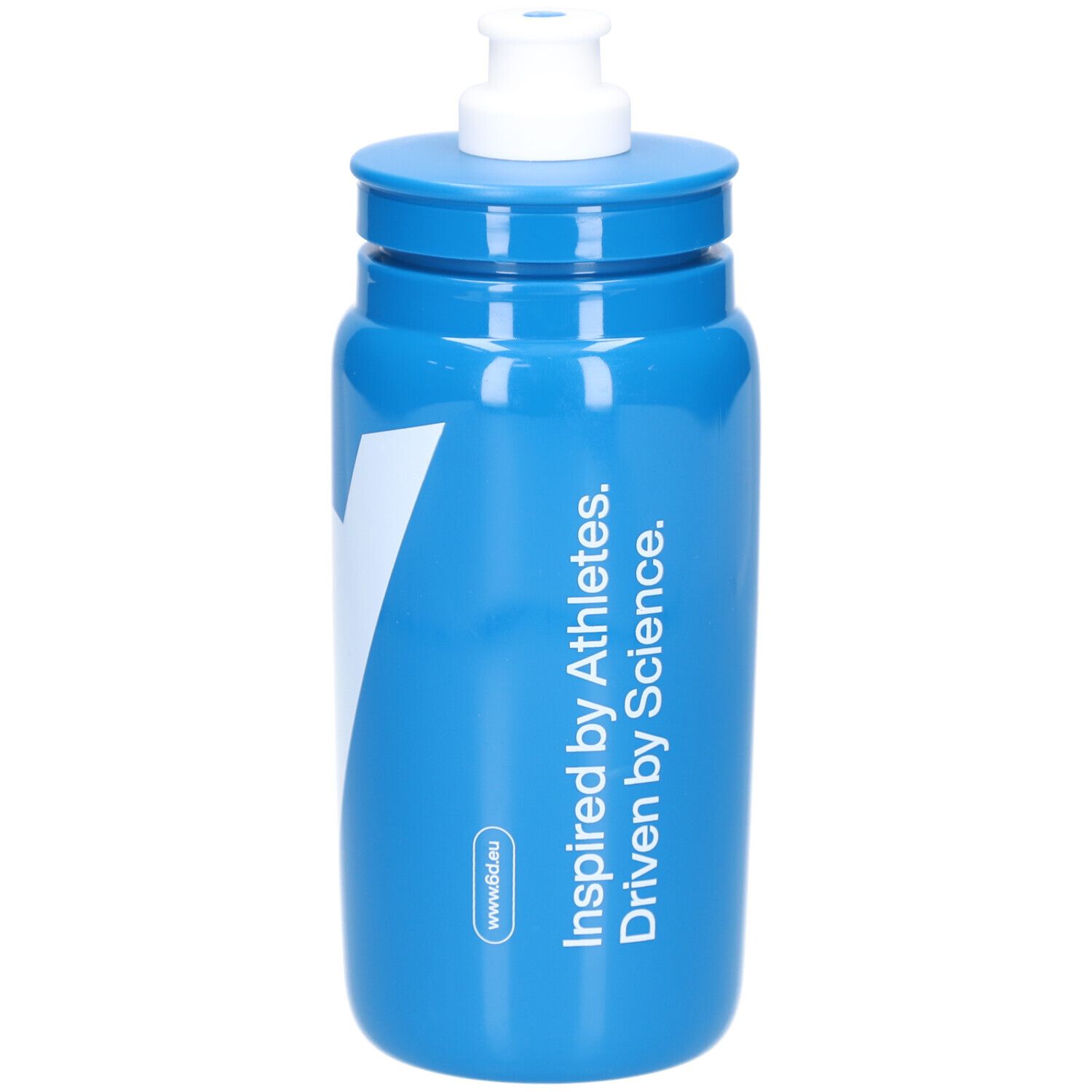 Bidon bleu avec logo blanc et texte: Inspired by Athletes. Driven by Science. Bouchon blanc.