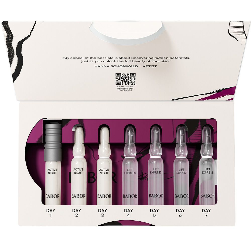 Emballage Babor Overnight Lift Ampoule ouvert. 7 ampoules visibles. Texte: Active Night, Lift Express. Marque Babor.