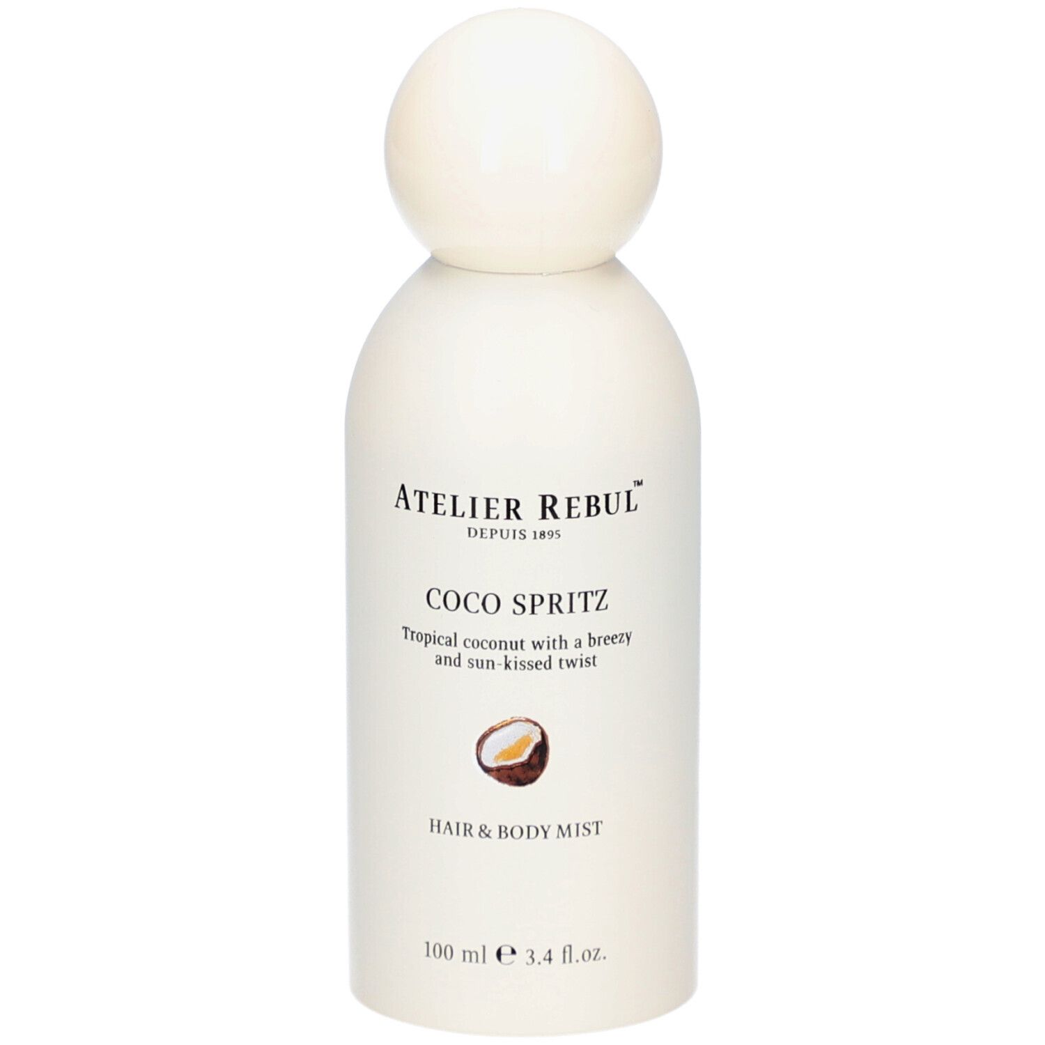 Flacon blanc avec bouchon sphérique. Inscription: Atelier Rebul, Coco Spritz, Hair & Body Mist. Illustration de noix de coco.