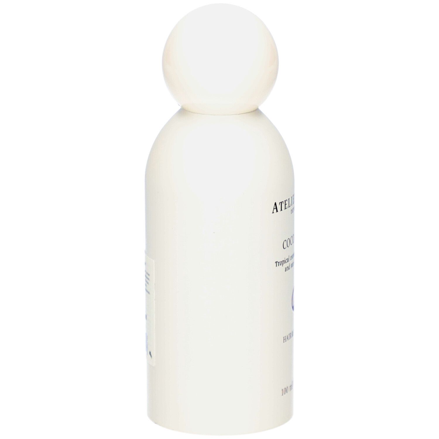 Flacon blanc avec bouchon sphérique, vue latérale. Inscription partiellement visible.