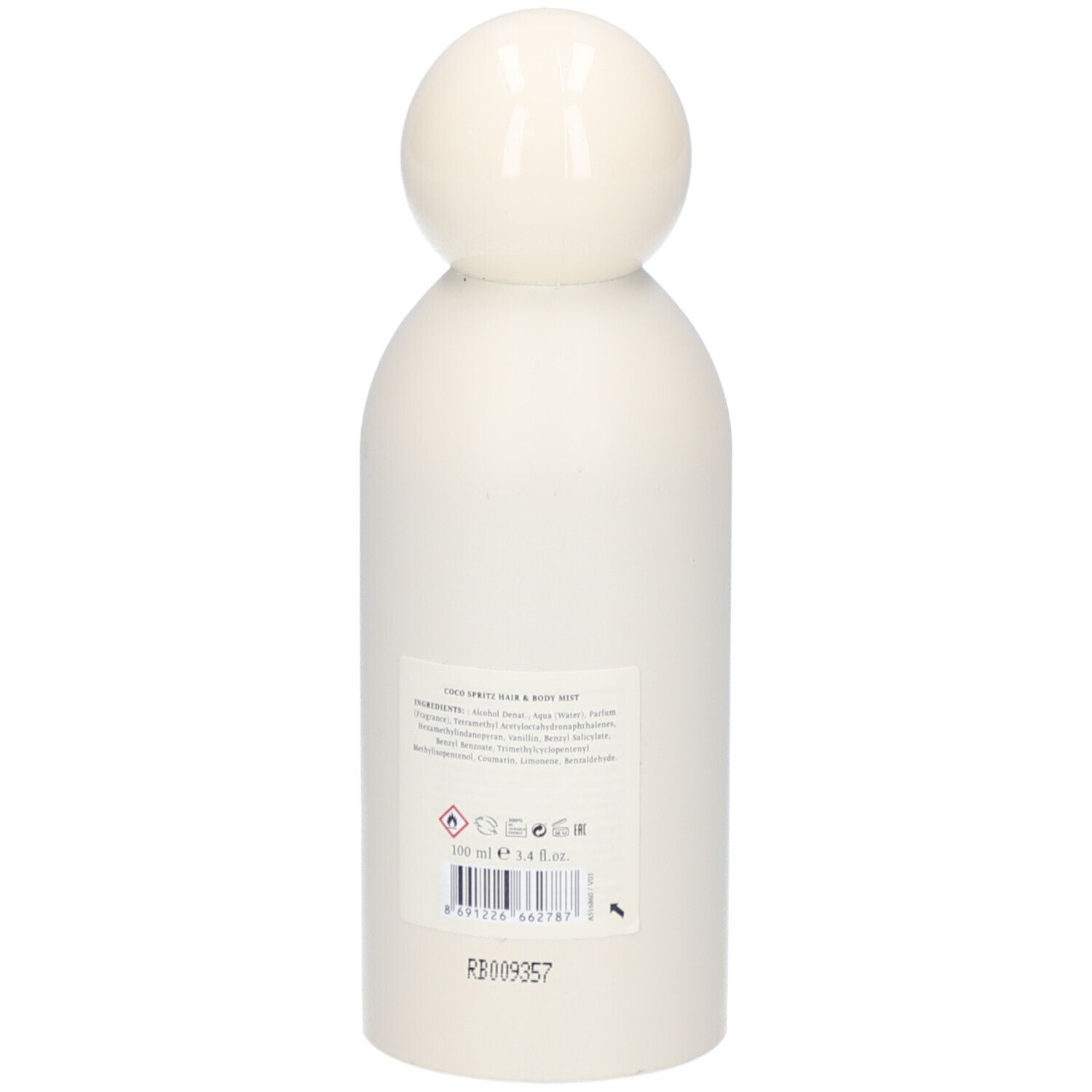 Flacon blanc avec bouchon sphérique. Dos avec informations sur le contenu et pictogrammes.