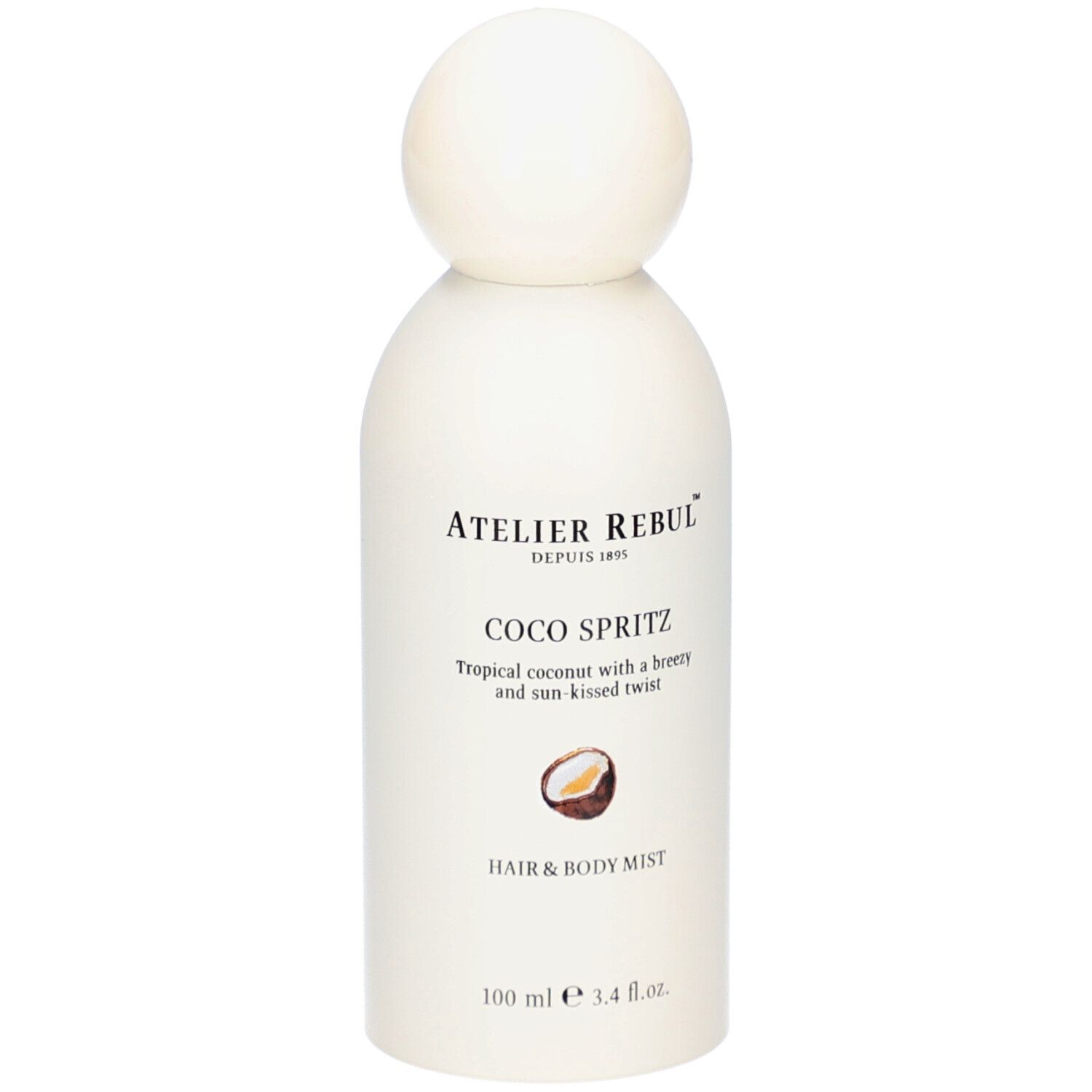 Flacon blanc avec bouchon sphérique. Inscription: Atelier Rebul, Coco Spritz, Hair & Body Mist. Illustration de noix de coco.