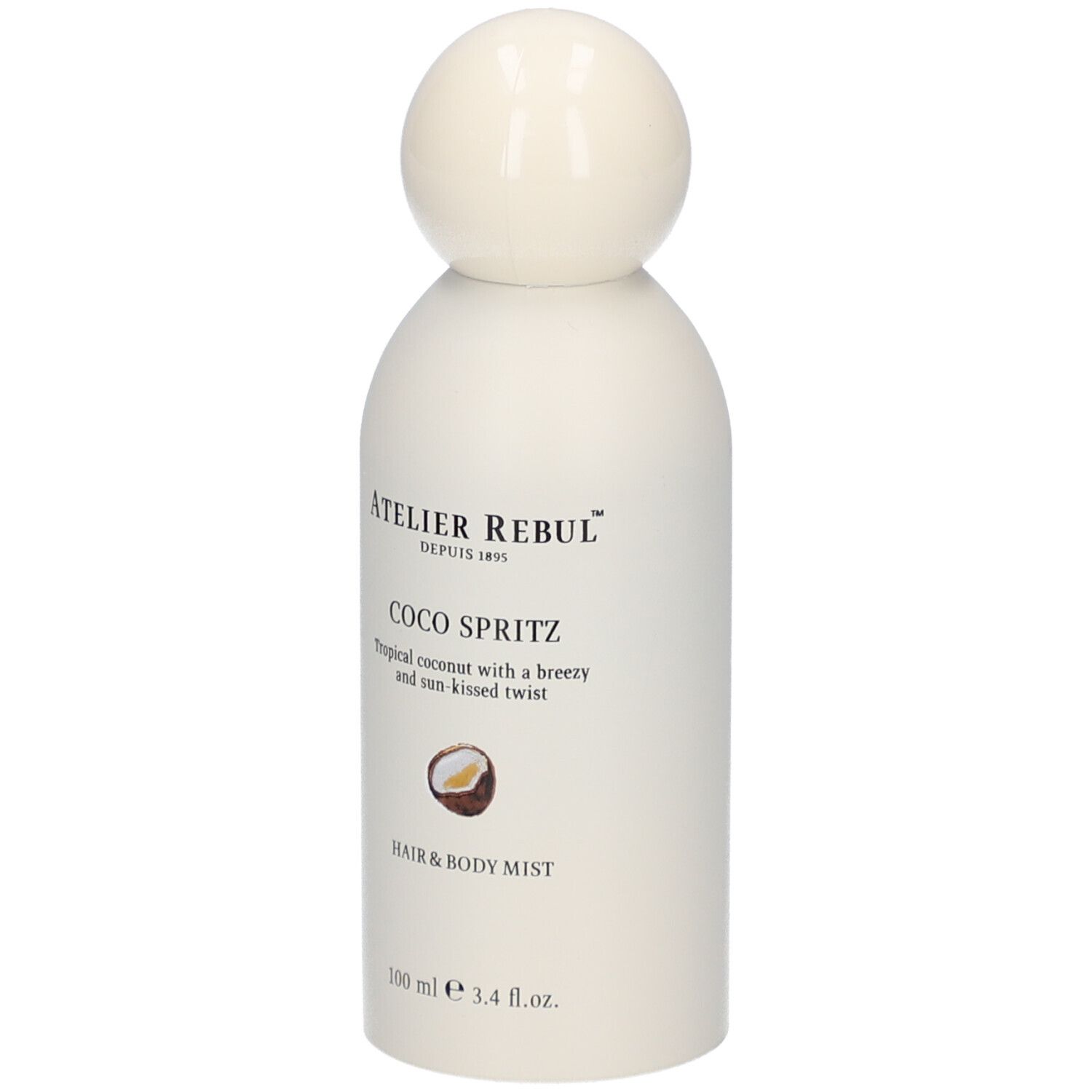 Flacon blanc avec bouchon sphérique. Inscription: Atelier Rebul, Coco Spritz, Hair & Body Mist. Illustration de noix de coco.