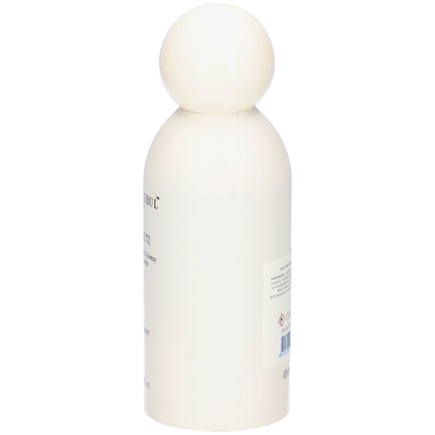 Flacon blanc avec bouchon sphérique, vue latérale. Inscription partiellement visible.