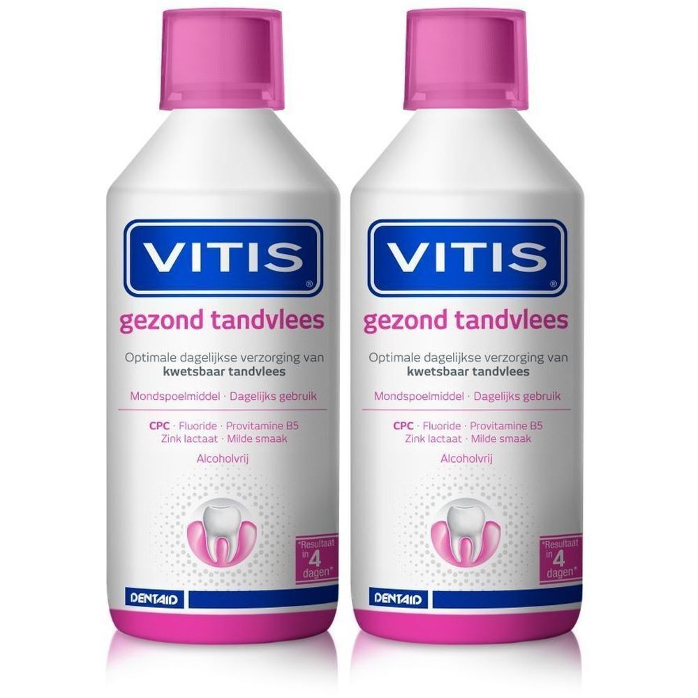 Deux flacons de bain de bouche VITIS, bouchons roses. Inscription : gezond tandvlees. Contient CPC, fluorure, provitamine B5.