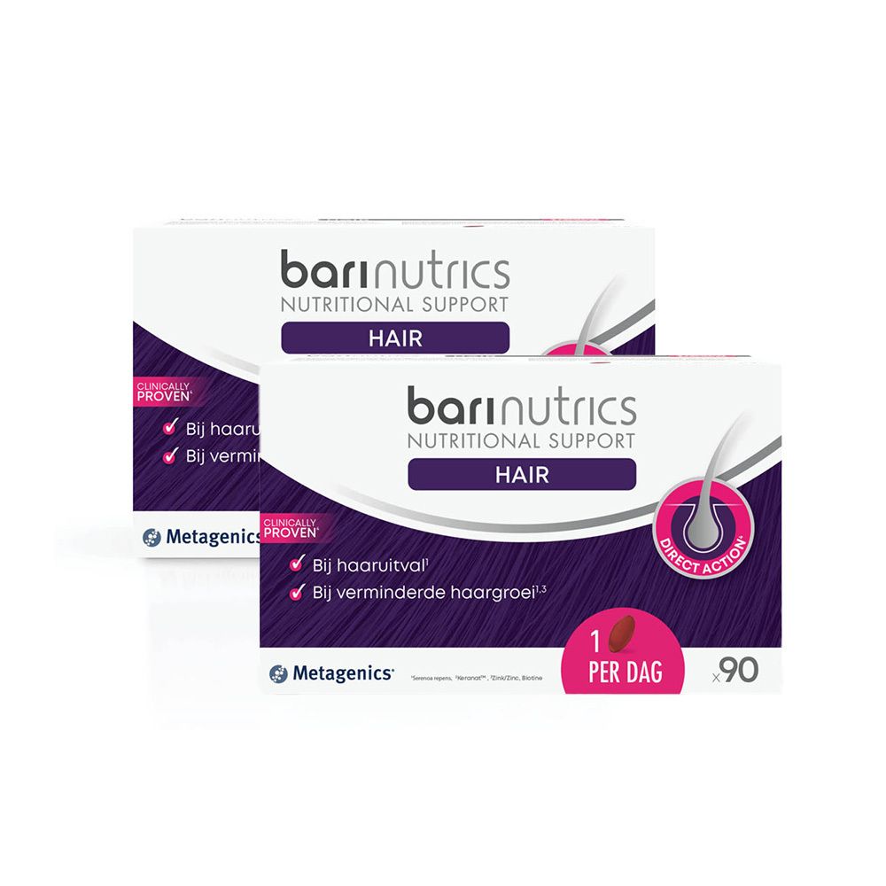 Deux boîtes de Barinutrics Hair. Emballage blanc avec accents violets et texte. Contient des informations sur les ingrédients et l'action.
