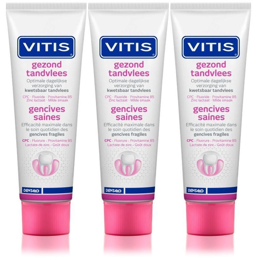 Trois tubes de dentifrice. Chaque tube porte les inscriptions "VITIS" et "gencives saines". Emballage rose et blanc.