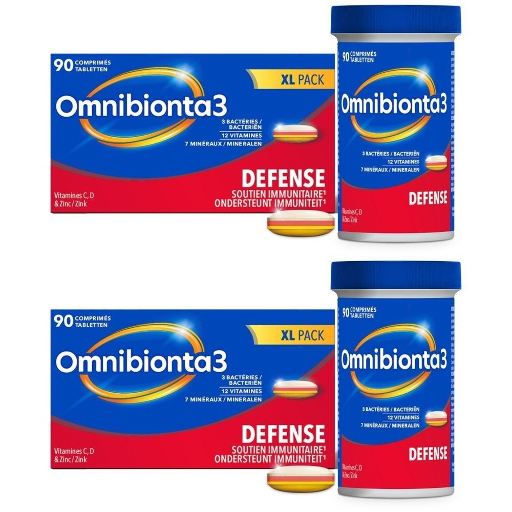 Plusieurs boîtes et flacons Omnibionta3 Defense. Emballage bleu avec texte blanc. Contient des comprimés.