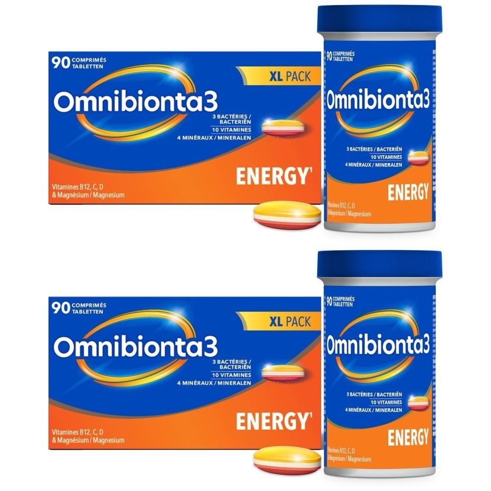 Plusieurs boîtes et flacons Omnibionta3 Energy. Emballage bleu avec comprimés jaunes et rouges. Contient vitamines et minéraux.