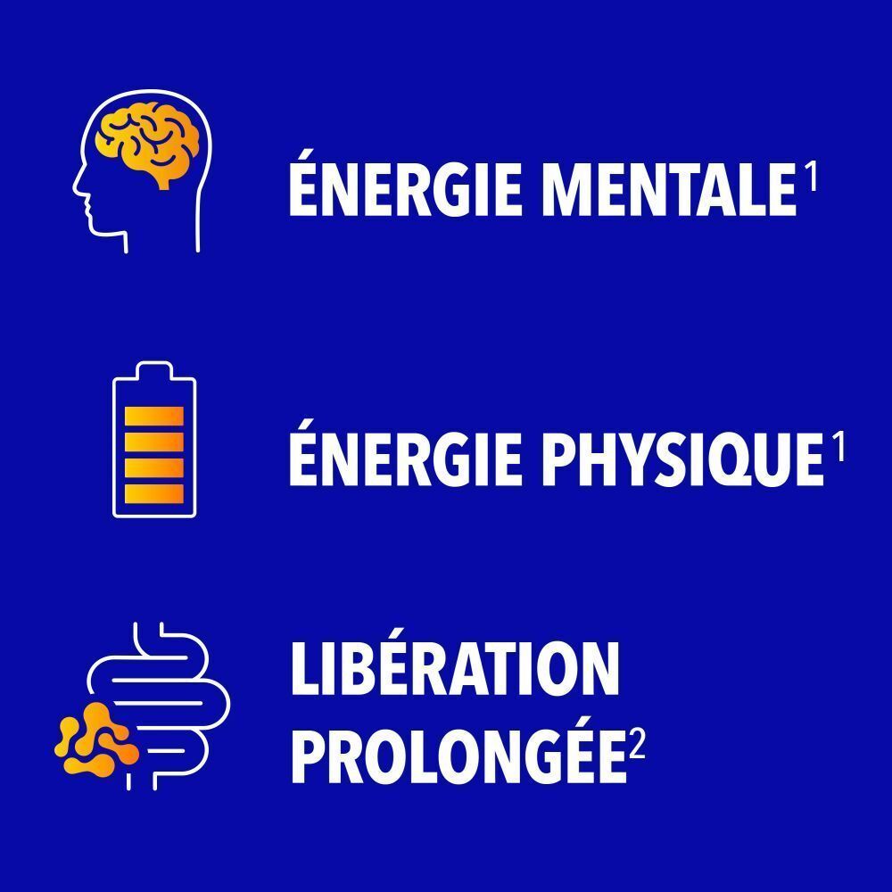 Graphique avec symboles : Énergie mentale, Énergie physique, Libération prolongée.