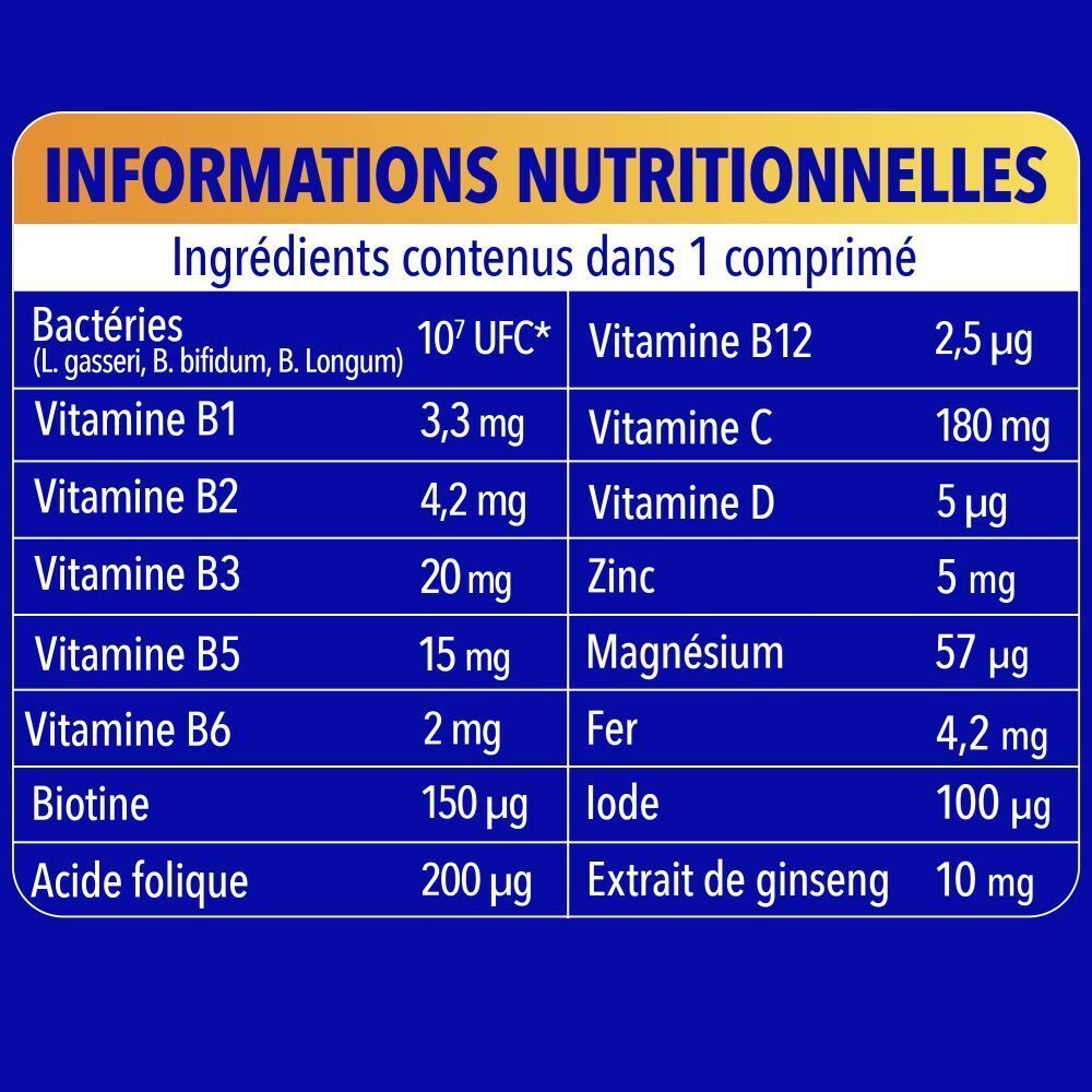 Tableau nutritionnel avec ingrédients par comprimé.
