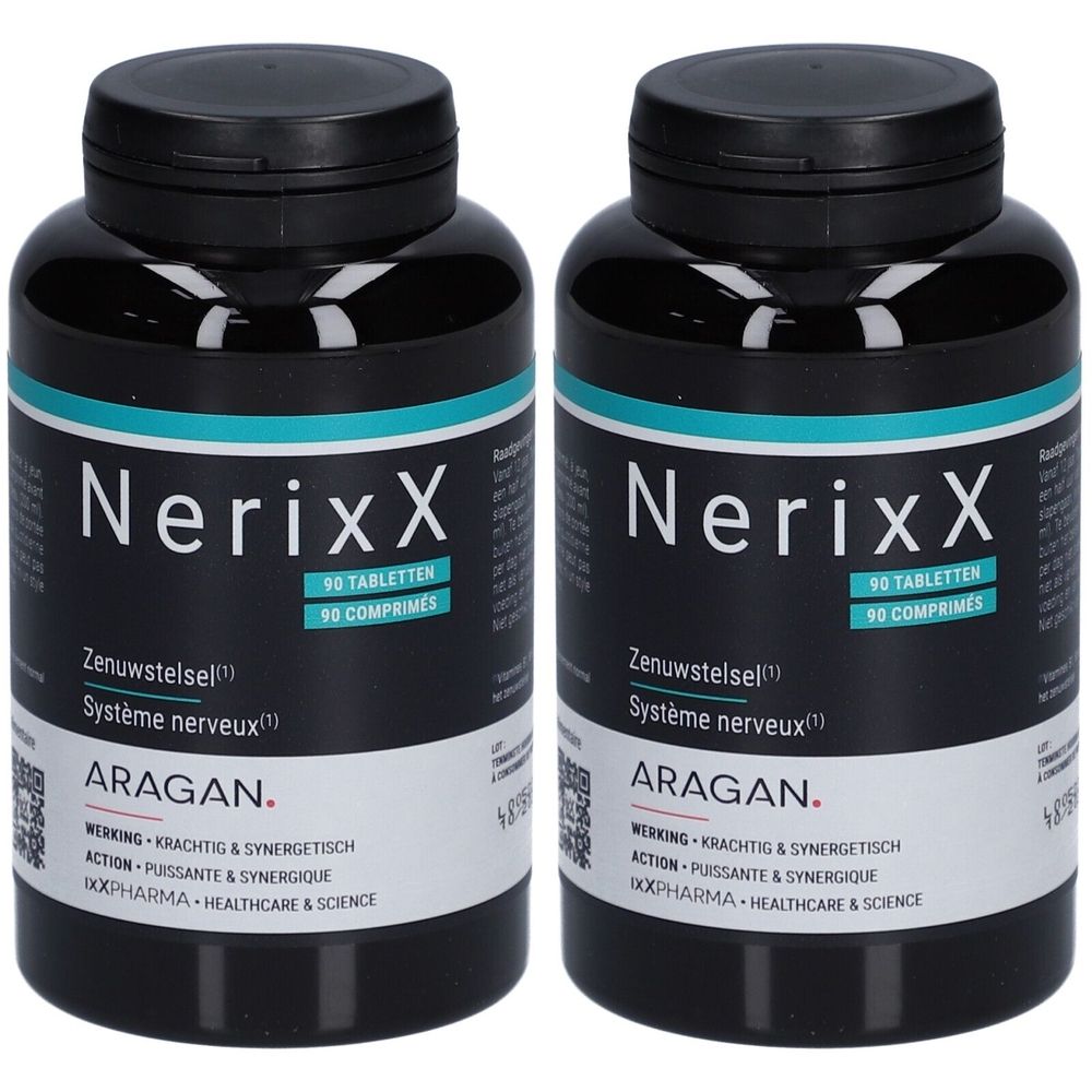 Deux flacons noirs NerixX avec texte blanc. Inscription: 90 comprimés, Zenuwstelsel, Système nerveux. Marque: ARAGAN.