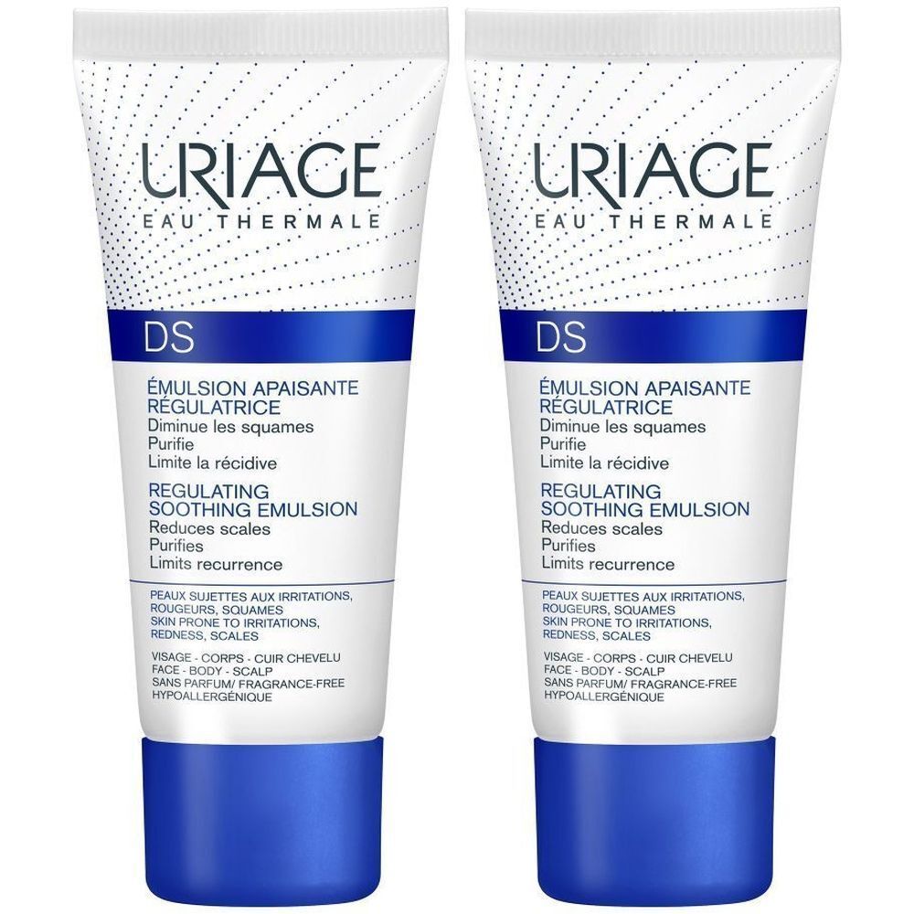 Deux tubes d'émulsion Uriage DS. Tubes blancs avec accents bleus et texte. Contient des informations sur les soins de la peau.
