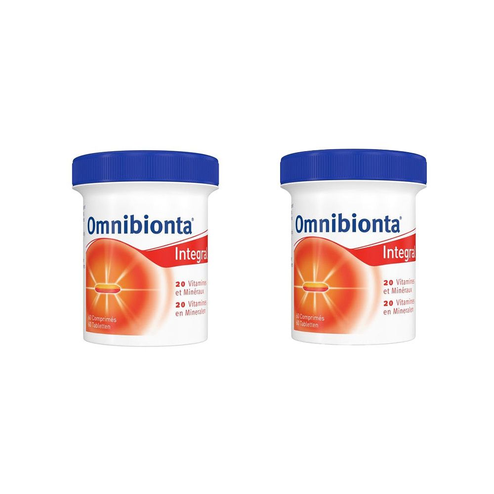 Deux flacons blancs avec couvercles bleus. Inscription Omnibionta Integral. Contient 20 vitamines et minéraux.