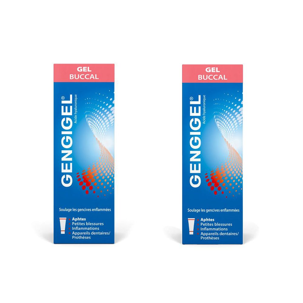 Deux boîtes de Gengigel Gel Buccal. Emballage bleu et blanc avec partie supérieure rouge. Texte : Gengigel, Gel Buccal, Acide hyaluronique.