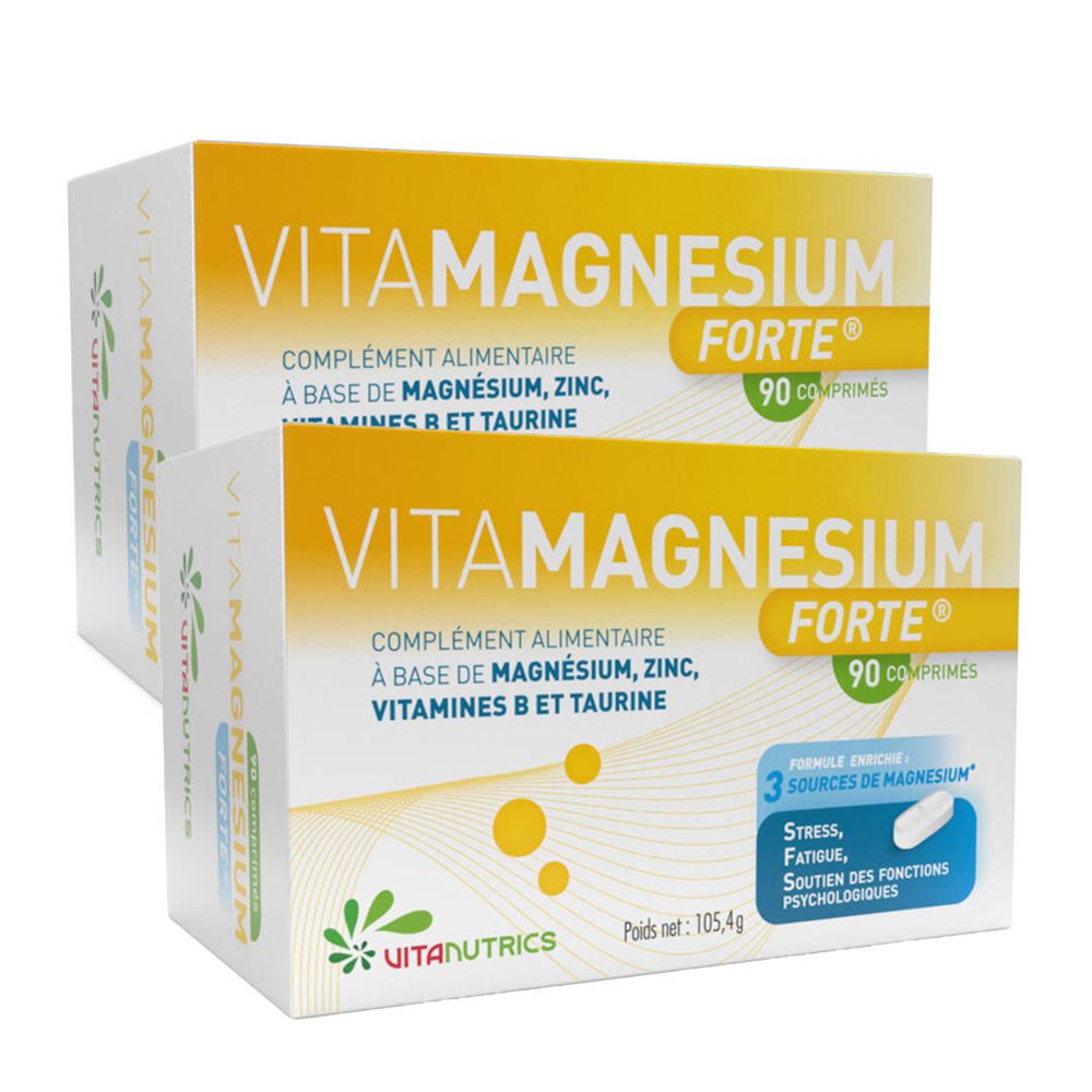 Deux boîtes de Vitamagnesium Forte. Inscription : Complément alimentaire à base de magnésium, zinc, vitamines B et taurine. 90 comprimés.