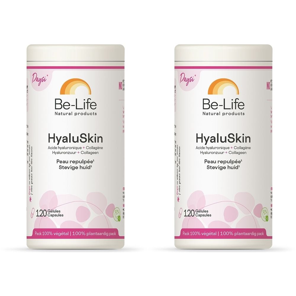 Deux flacons blancs avec étiquettes roses. Inscription: Be-Life HyaluSkin, 120 gélules. Logo: soleil et arc-en-ciel.
