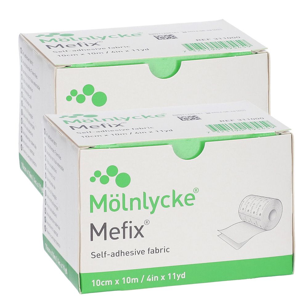 Deux boîtes de Mefix, tissu auto-adhésif. Inscription : Mölnlycke, Mefix, 10 cm x 10 m. Accents verts.