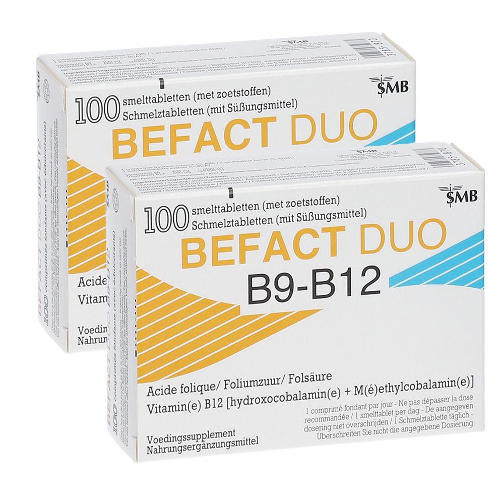 Deux boîtes de BEFACT DUO B9-B12. Inscription : 100 comprimés orodispersibles. Emballage jaune et blanc avec nom et ingrédients.