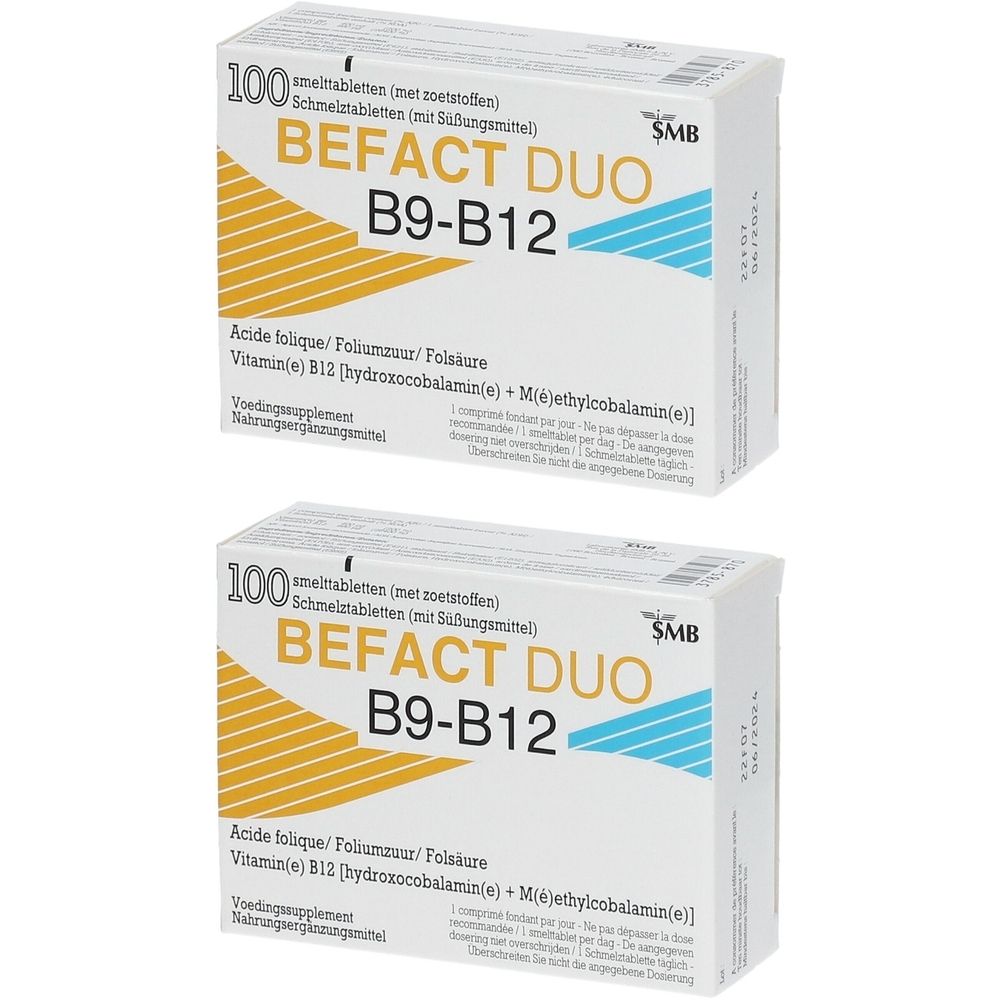 Deux boîtes de BEFACT DUO B9-B12. Inscription : 100 comprimés orodispersibles. Emballage jaune et blanc avec nom et ingrédients.
