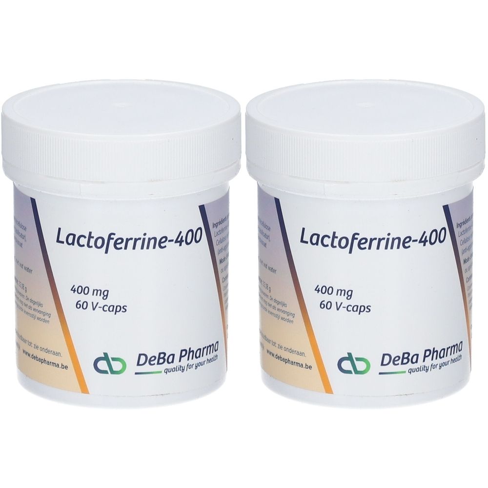 Deux pots blancs avec couvercles. Inscription: Lactoferrine-400, 400 mg, 60 V-caps. Logo DeBa Pharma.