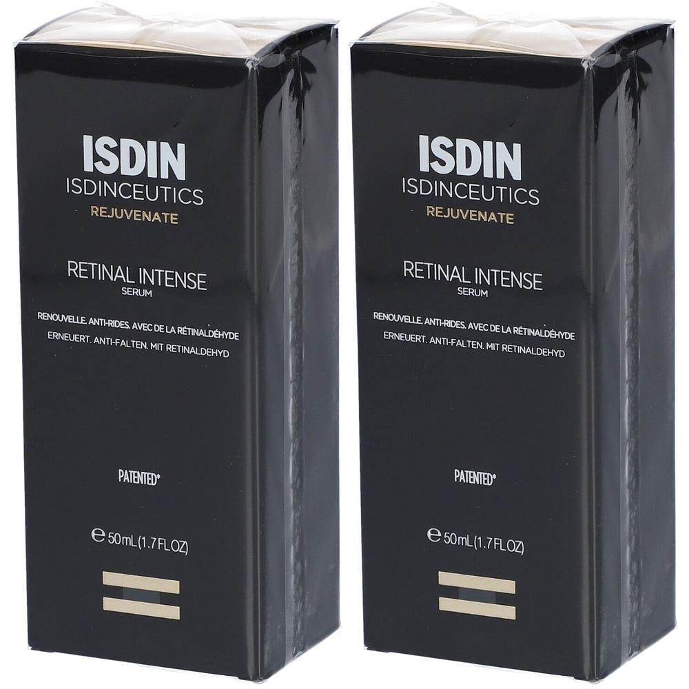 Deux boîtes noires. Inscription: ISDIN Isdinceutics Rejuvenate Retinal Intense Serum. Texte en français et allemand.