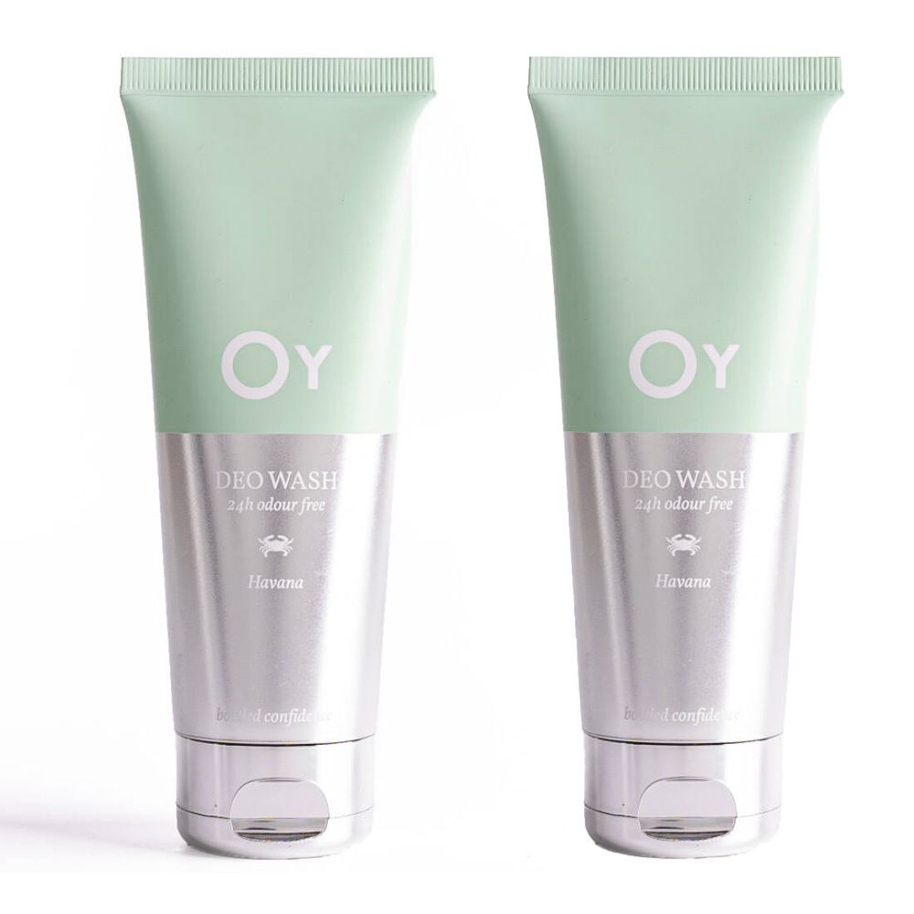 Deux tubes avec bouchon vert et corps argenté. Inscription : OY, DEO WASH, 24h odour free, Havana.