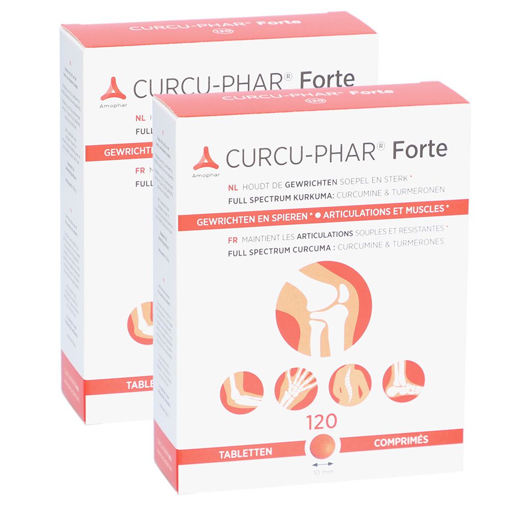 Deux boîtes blanches avec texte rouge. Inscription: CURCU-PHAR Forte. Contient 120 comprimés. Illustrations d'articulations et de muscles.