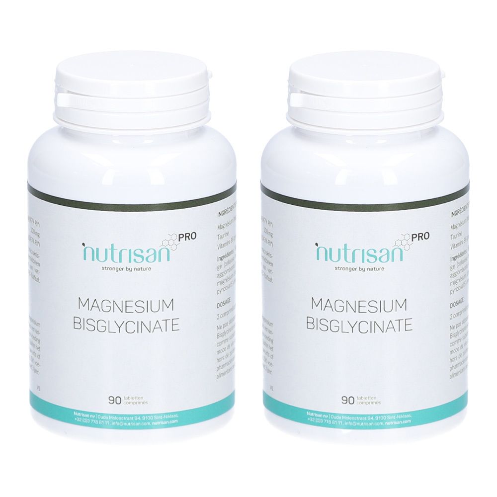 Deux flacons blancs avec bouchons à vis. Inscription : Nutrisan Pro, Magnesium Bisglycinate. Chaque flacon contient 90 comprimés.
